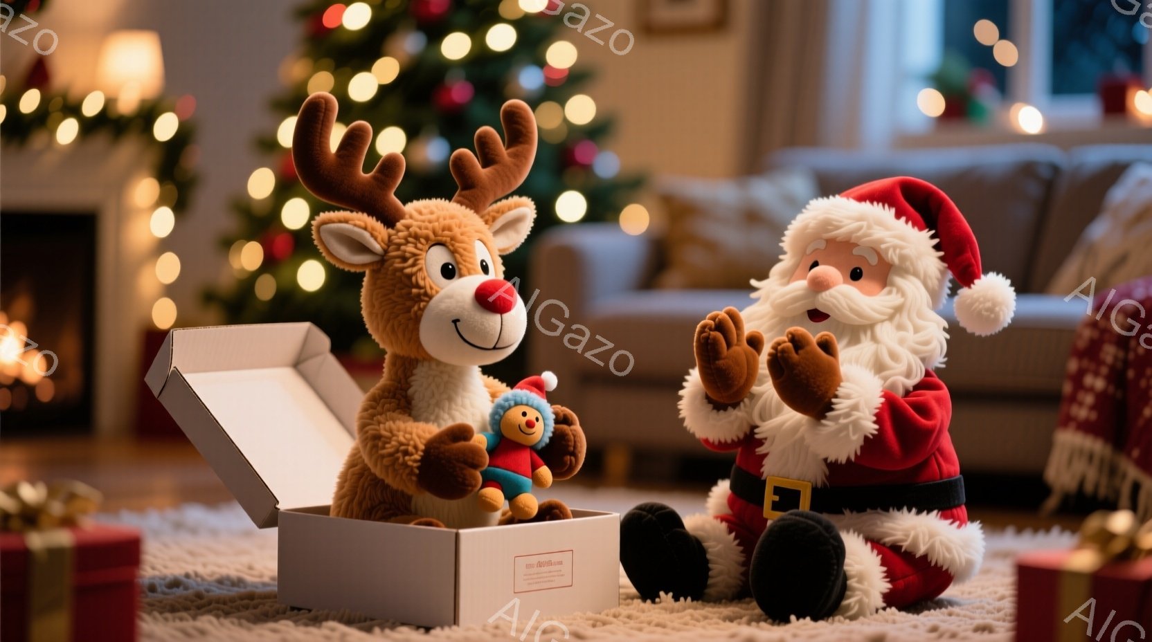 ぬいぐるみで作られたトナカイが白い箱の中から顔を出しており、小さな雪だるまのぬいぐるみがトナカイの隣にいます。サンタクロースのぬいぐるみは、両手を合わせて嬉しそうに微笑んでいます。背景には、輝くクリス - AI生成フリー素材