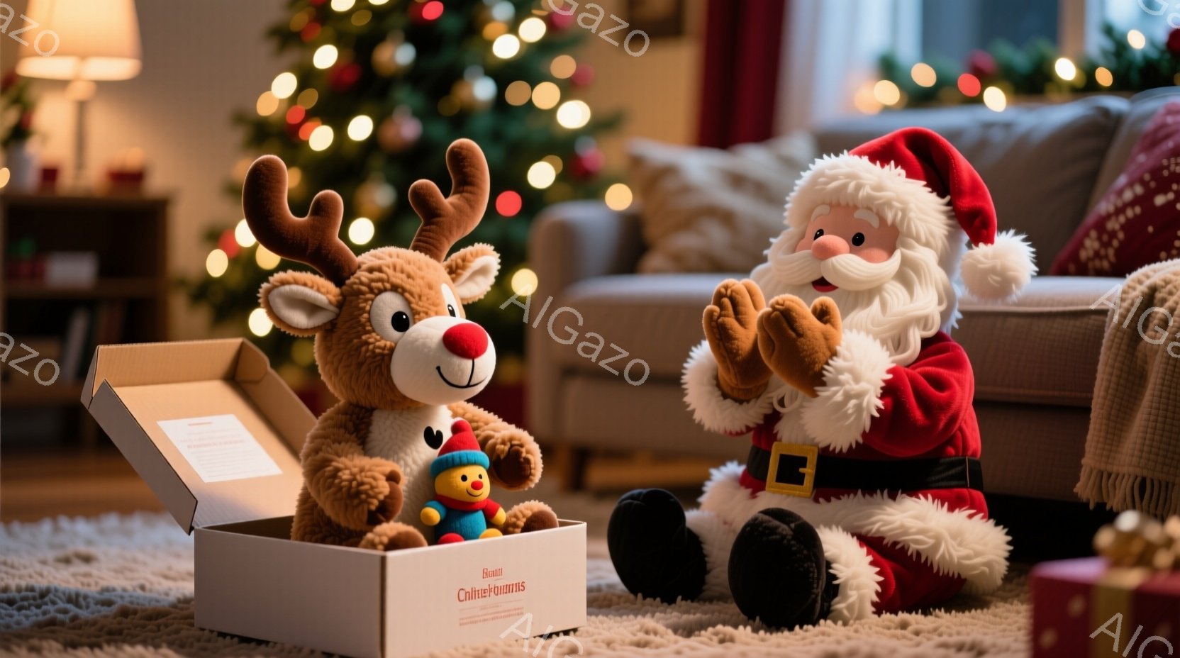 居心地の良いリビングルームで、サンタクロースのぬいぐるみとトナカイのぬいぐるみが楽しそうに並んでいます。サンタクロースは赤い服と白いひげで、嬉しそうな表情で手を合わせています。背景にはクリスマスツリー - AI生成フリー素材