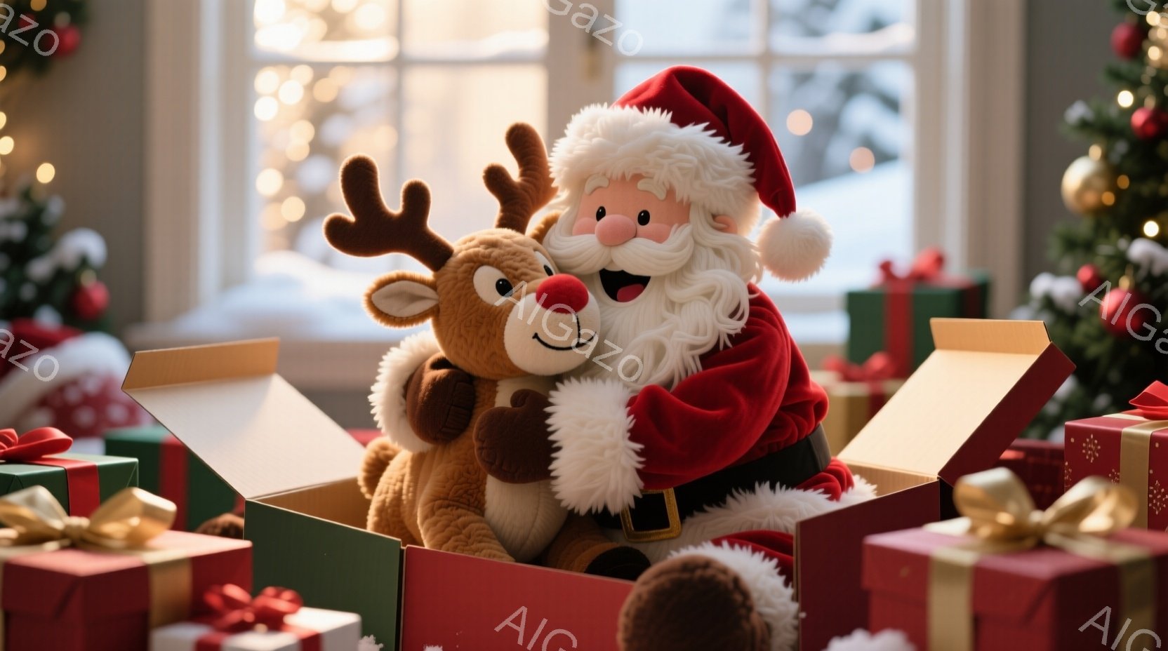 サンタクロースが、大きな赤いギフトボックスから顔を出し、柔らかそうなトナカイのぬいぐるみと抱き合っています。サンタは赤いベルベットの衣装に黒いベルトを締め、白いひげと明るい笑顔を見せています。背景には - AI生成フリー素材