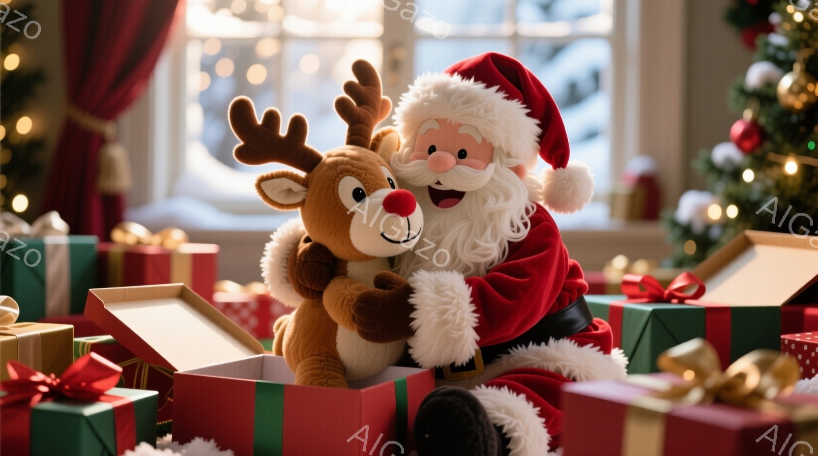 サンタクロースが赤い衣装を着て、大きな白いひげを生やしています。彼は茶色のぬいぐるみトナカイを抱きしめ、幸せそうに微笑んでいます。背景には、色とりどりのプレゼントボックスと、ぼやけたクリスマスツリー、 - AI生成フリー素材