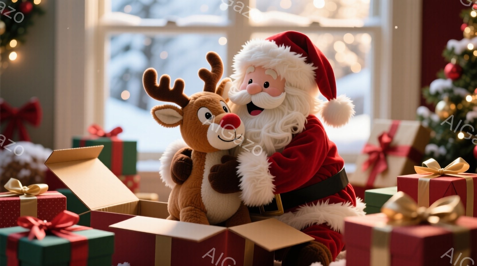 サンタクロースは赤いベルベットの衣装と白い毛皮のトリムで飾られ、黒いベルトを締めています。彼は茶色のトナカイのぬいぐるみと抱き合い、満面の笑みを浮かべています。背景には、ラッピングされたプレゼントの箱 - AI生成フリー素材