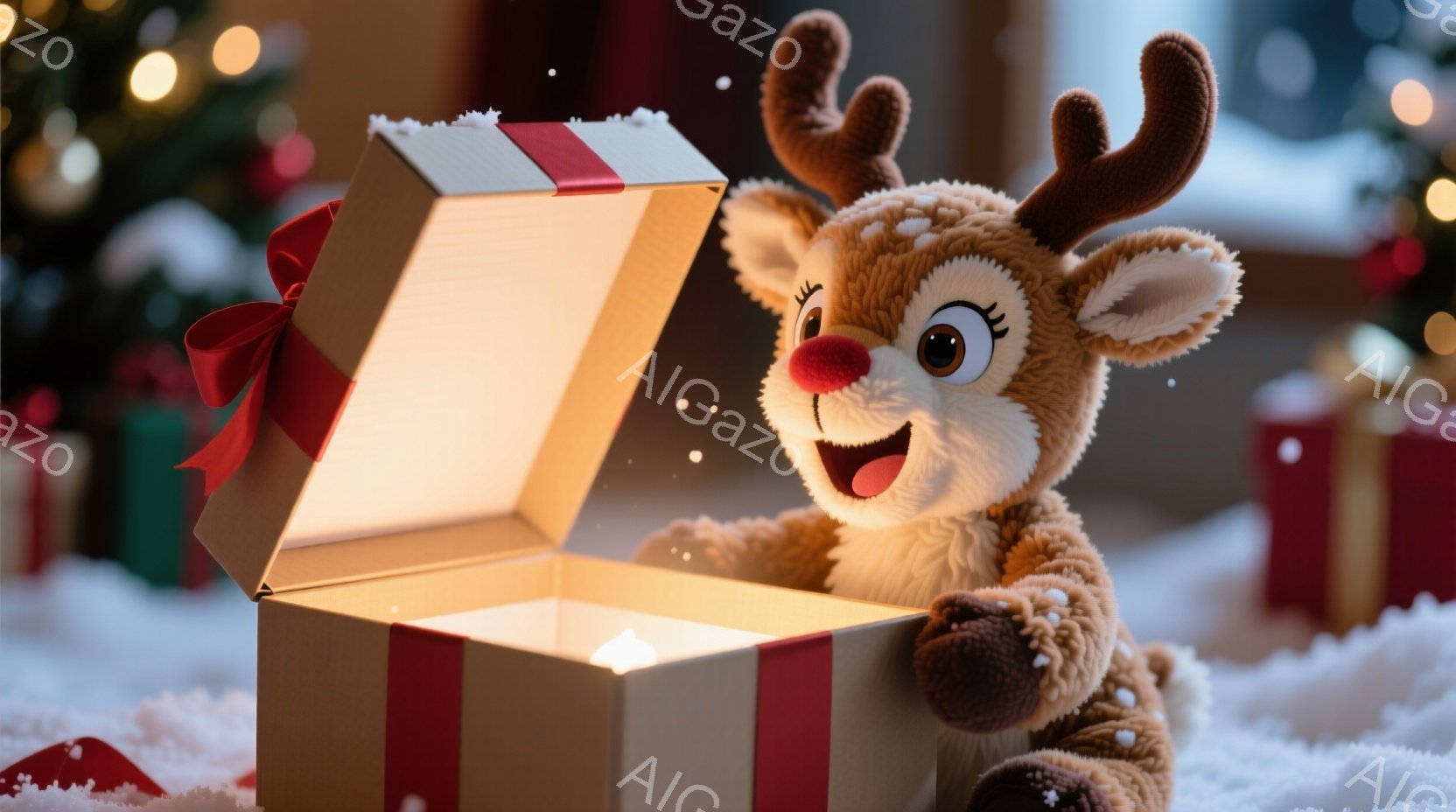 ふわふわの茶色のトナカイのぬいぐるみは、赤いリボンで結ばれた開いたギフトボックスの中から顔を出しています。トナカイは笑顔で、キラキラした目で喜びを表現しています。背景には、ぼやけたクリスマスツリーとプ - AI生成フリー素材