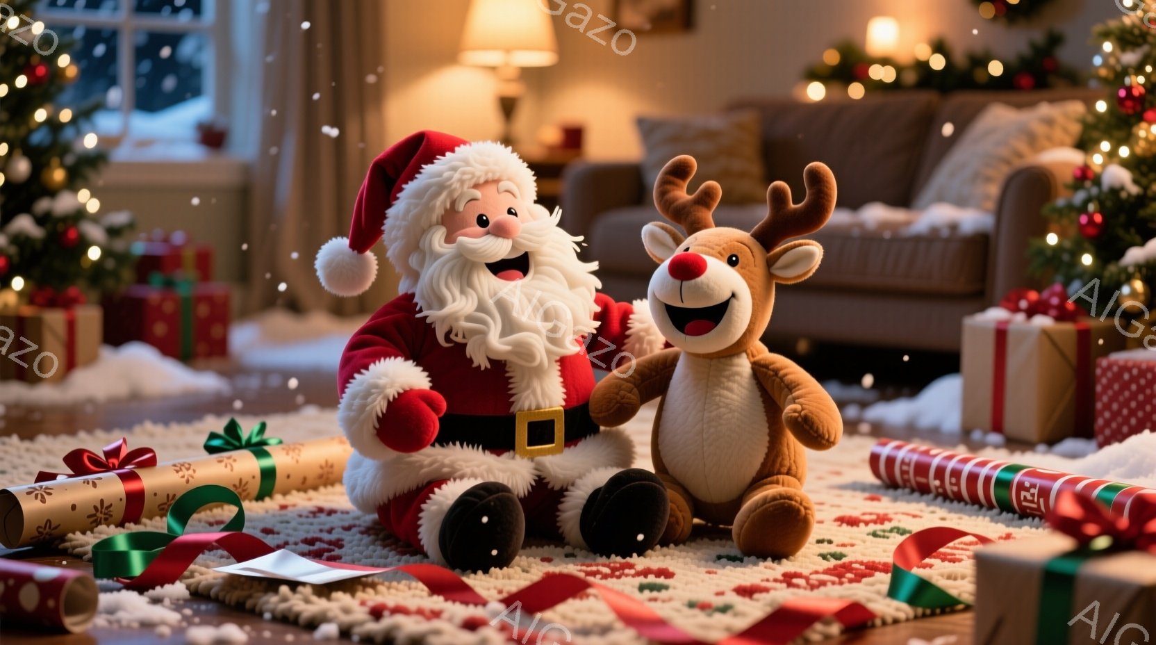 暖炉のそばで、サンタクロースの人形とトナカイの人形がカーペットの上に座っています。サンタクロースは赤い服と帽子を身につけ、白いひげを生やし、笑顔を浮かべています。背景にはクリスマスツリー、プレゼント、 - AI生成フリー素材