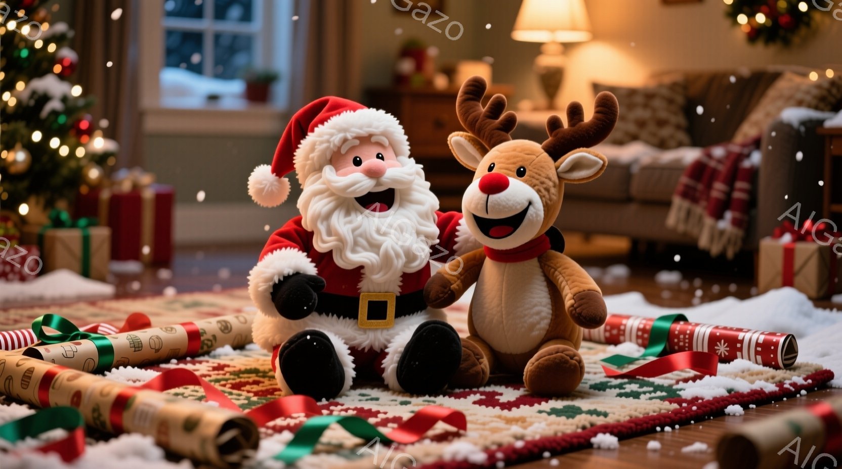 暖炉のある居間に、サンタクロースとトナカイのぬいぐるみ2体が床に座っています。サンタクロースは赤い帽子と衣装を身につけ、白いひげで笑顔を浮かべています。背景にはクリスマスツリーやプレゼント、そして派手 - AI生成フリー素材