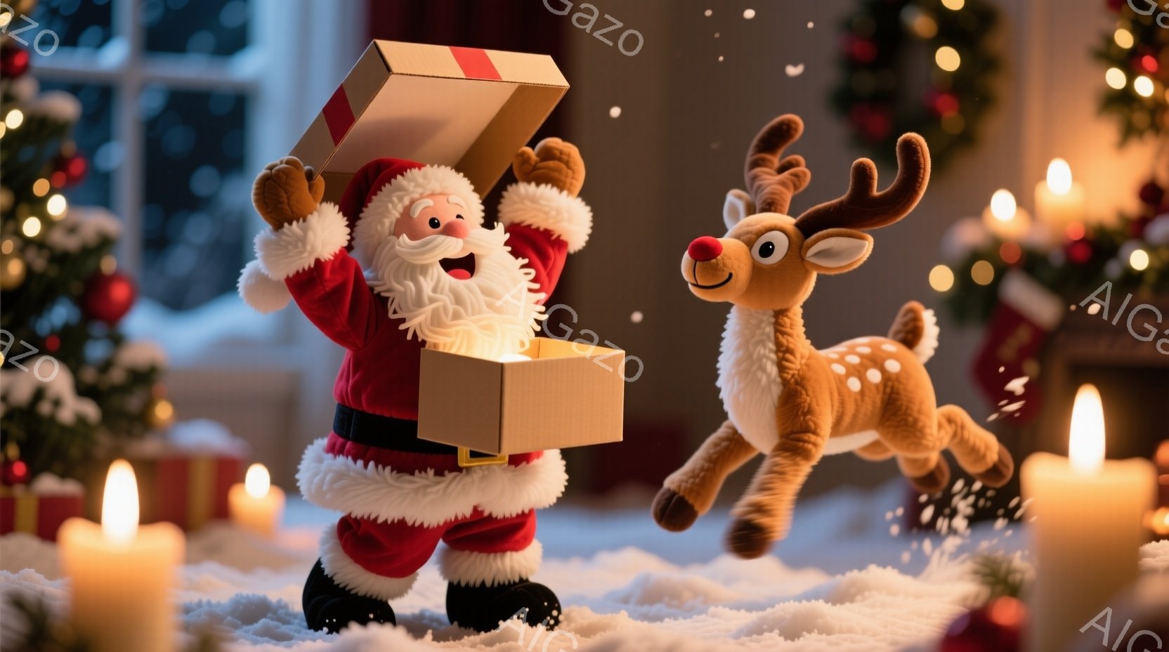 サンタクロースは赤い衣装に白いトリミングが施され、笑顔でプレゼントの箱を持ち上げています。箱の中から飛び出すように、可愛らしいトナカイの人形が描かれており、背景にはクリスマスツリーやキャンドルが暖かく - AI生成フリー素材