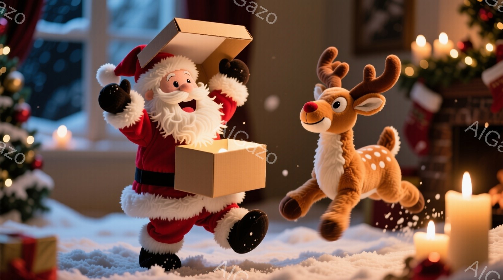サンタクロースは赤いスーツと白い毛皮のトリミングを身に着け、興奮した表情で開いた箱から飛び出す鹿のぬいぐるみを取り出しています。背景にはクリスマスツリーや暖炉が見え、雪が舞う室内で暖かく幻想的な雰囲気 - AI生成フリー素材