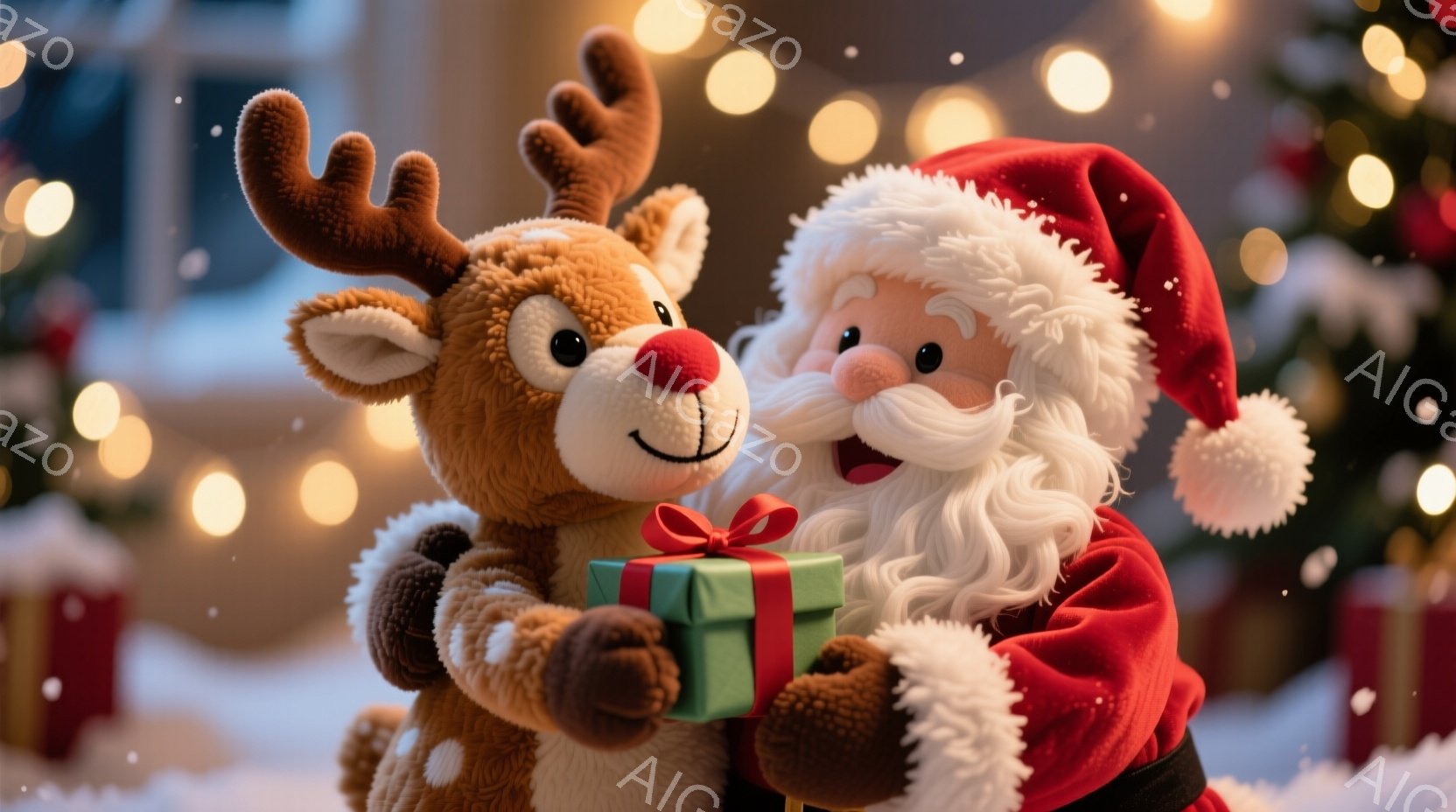 サンタクロースは赤い衣装と白い毛皮の縁取りの帽子をかぶり、満面の笑みを浮かべています。彼は、茶色の毛並みと赤い鼻を持つ愛らしいトナカイのぬいぐるみを抱きかかえ、緑色のリボンで結ばれた小さなプレゼントを - AI生成フリー素材