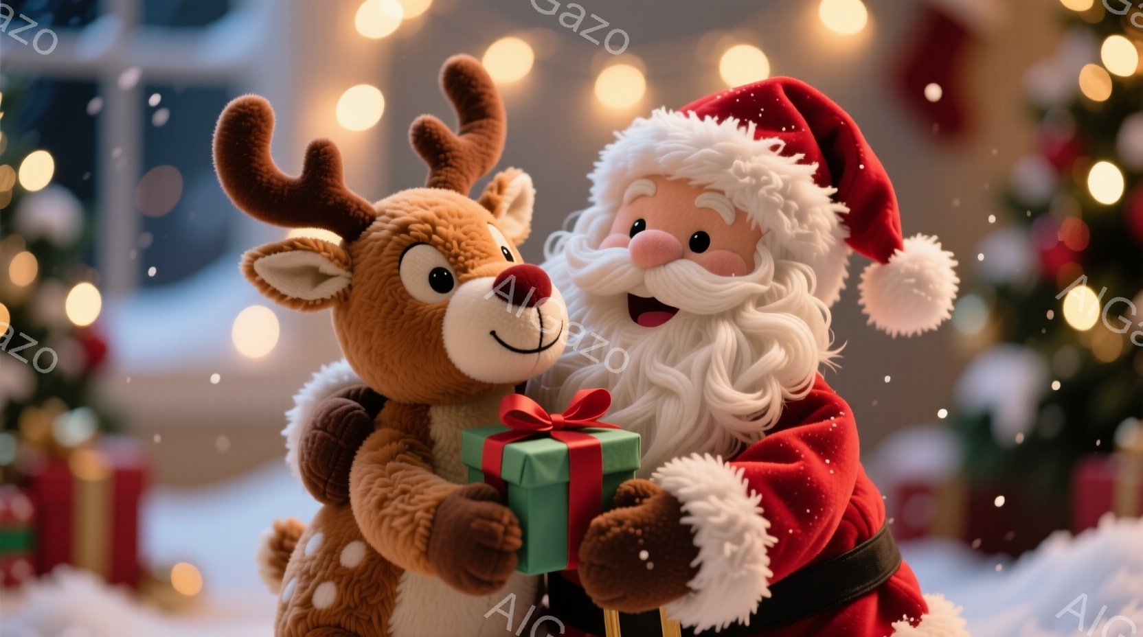 トナカイのぬいぐるみがサンタクロースに寄り添い、緑色のリボンで結ばれたプレゼントをサンタクロースに渡しています。サンタクロースは赤い衣装を身につけ、白い髭を生やし、嬉しそうな笑顔を浮かべています。背景 - AI生成フリー素材
