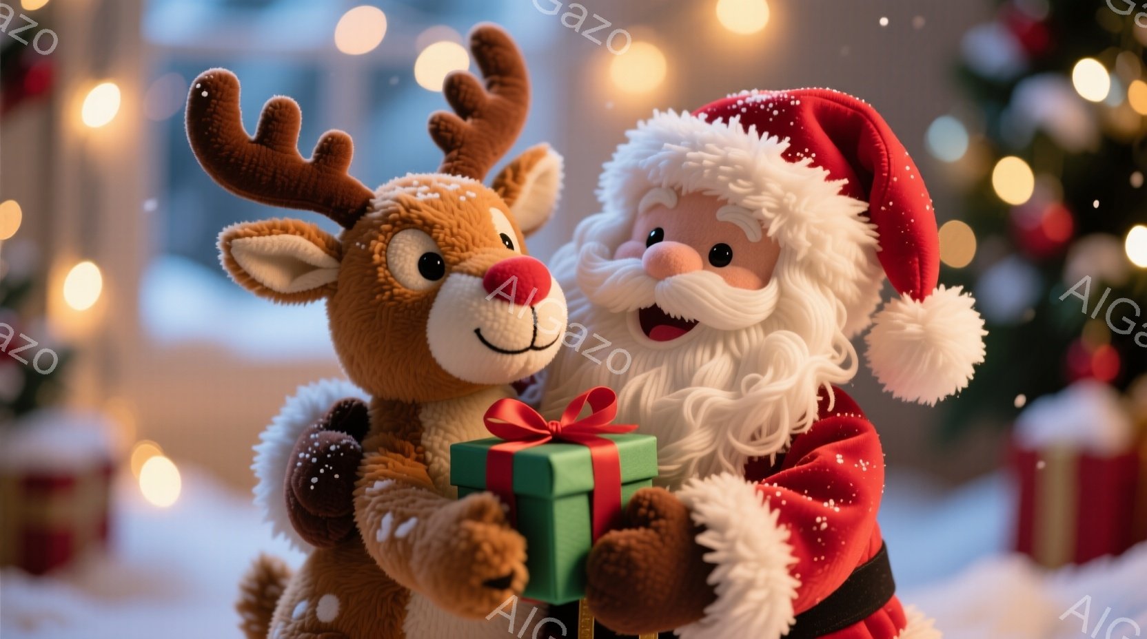 サンタクロースは赤い衣装に白いひげを生やし、笑顔でプレゼントの緑色の箱をぬいぐるみのようなトナカイに渡そうとしています。トナカイは茶色い毛並みで、愛らしい表情をしています。背景にはぼやけた光の点々が散 - AI生成フリー素材