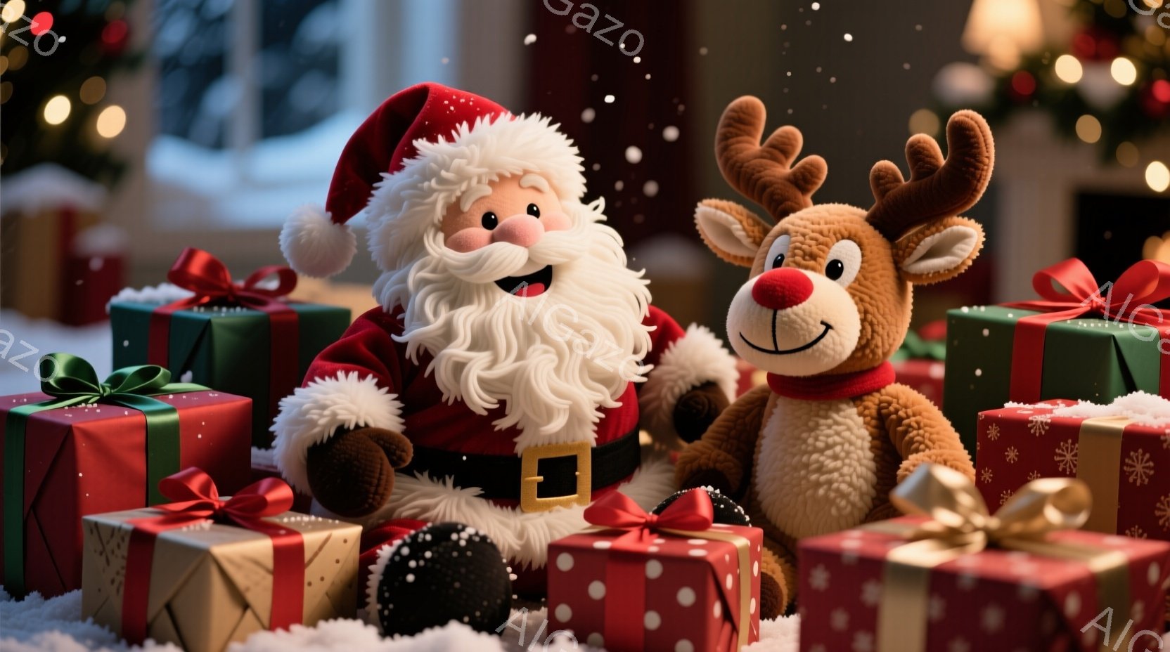 ふわふわの毛皮のサンタクロースと愛らしいトナカイのぬいぐるみは、カラフルなプレゼントの山に囲まれています。サンタは赤い帽子とスーツを着て、白いひげを蓄え、満面の笑みを浮かべています。背景にはぼやけたク - AI生成フリー素材