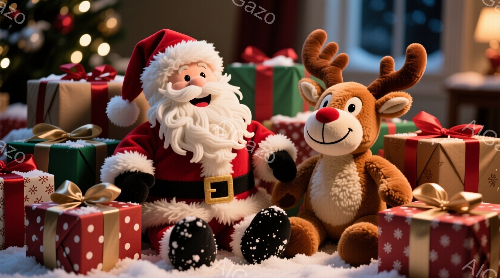 暖炉の前に置かれたプレゼントボックスに囲まれた、ぬいぐるみのようなサンタクロースとトナカイが微笑んでいます。サンタクロースは赤い服と白い髭、そして陽気な表情をしており、トナカイは茶色の毛並みと赤い鼻が - AI生成フリー素材