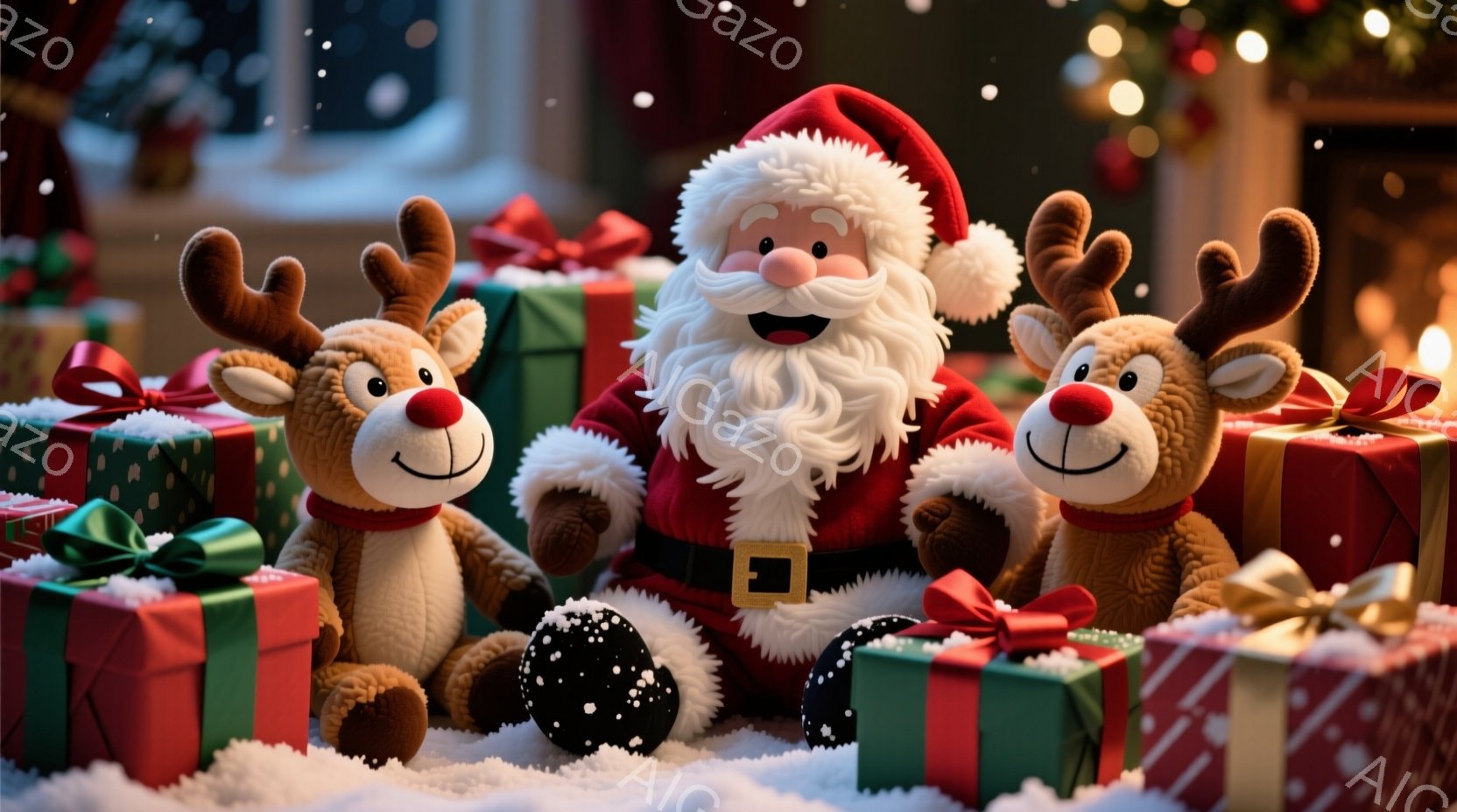 暖炉の前には、赤い衣装を着たサンタクロースが笑顔で座り、左右には可愛らしいトナカイのぬいぐるみが寄り添っています。プレゼントボックスが周囲に置かれ、雪が舞う冬の暖かい雰囲気が漂っています。背景にはぼや - AI生成フリー素材