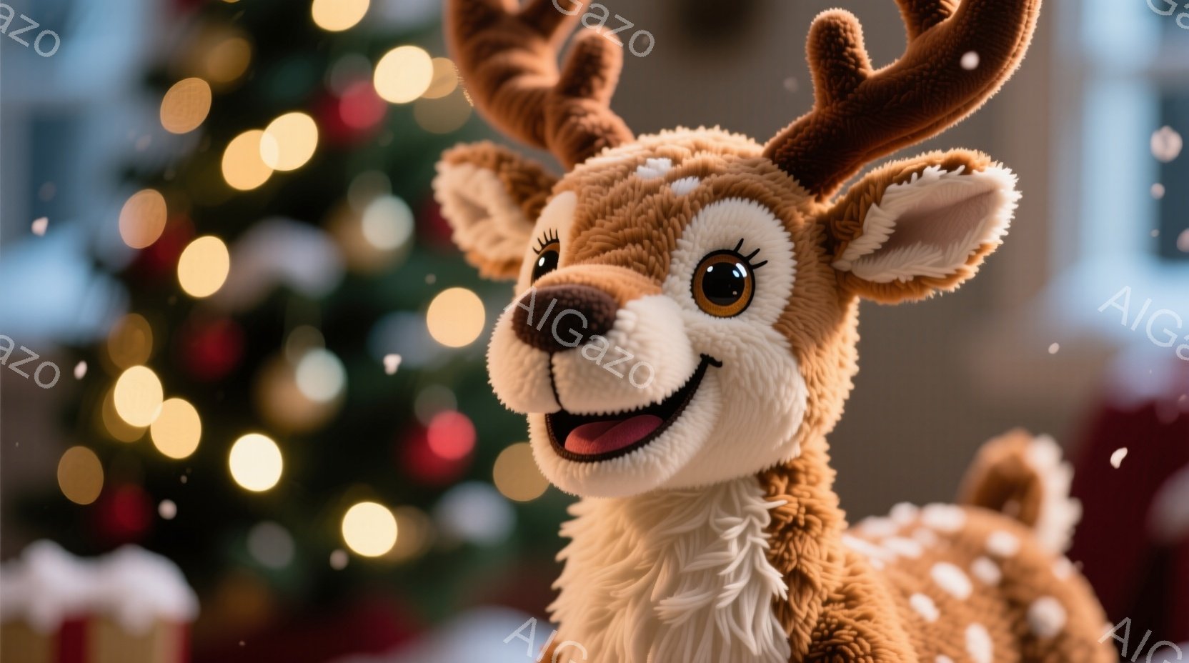 茶色の愛らしいトナカイのぬいぐるみが写っています。トナカイは口を開けて笑顔を見せ、大きな茶色の瞳が印象的です。背景にはぼやけたクリスマスツリーの光と、雪のようなものが舞っており、温かく優しいクリスマス - AI生成フリー素材