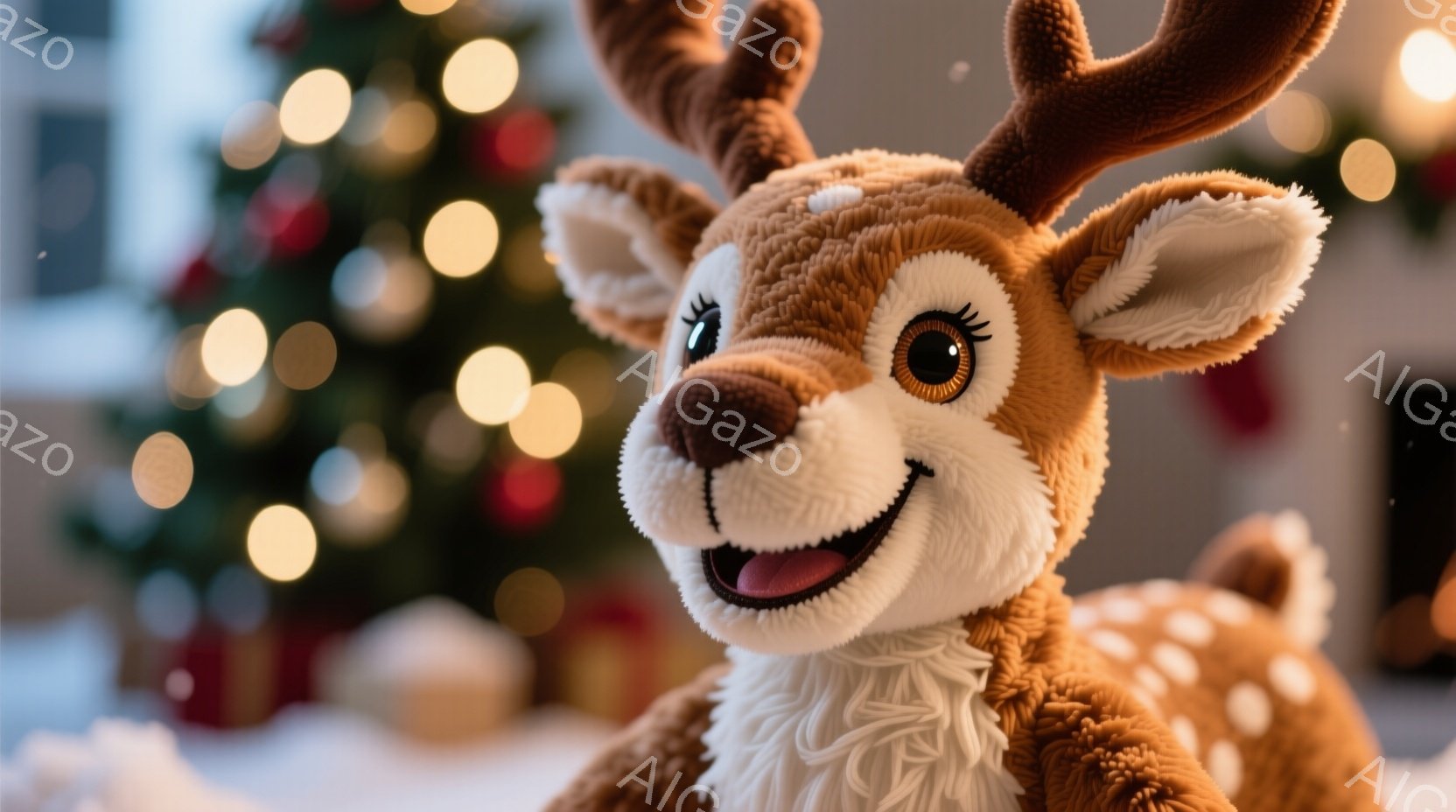 茶色のふわふわした鹿のぬいぐるみは、微笑みを浮かべ、口を開けて舌を少し見せています。背景にはぼやけたクリスマスツリーとプレゼントが見え、暖かくお祝いの雰囲気が漂っています。全体的に、明るく楽しい、ホリデーシーズンの雰囲気を捉えた画像です。