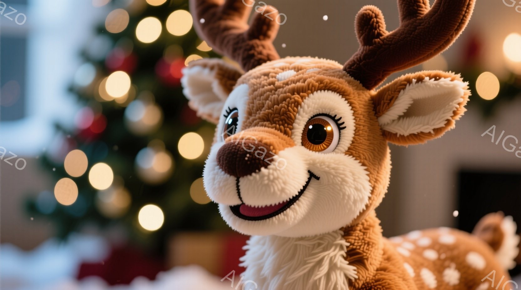 ふわふわの茶色の鹿のぬいぐるみのおもちゃが写っています。大きな茶色の瞳と、笑顔で口を開けている様子が特徴的です。背景にはぼやけたクリスマスツリーの光が散りばめられ、お祝いムードを醸し出しています。