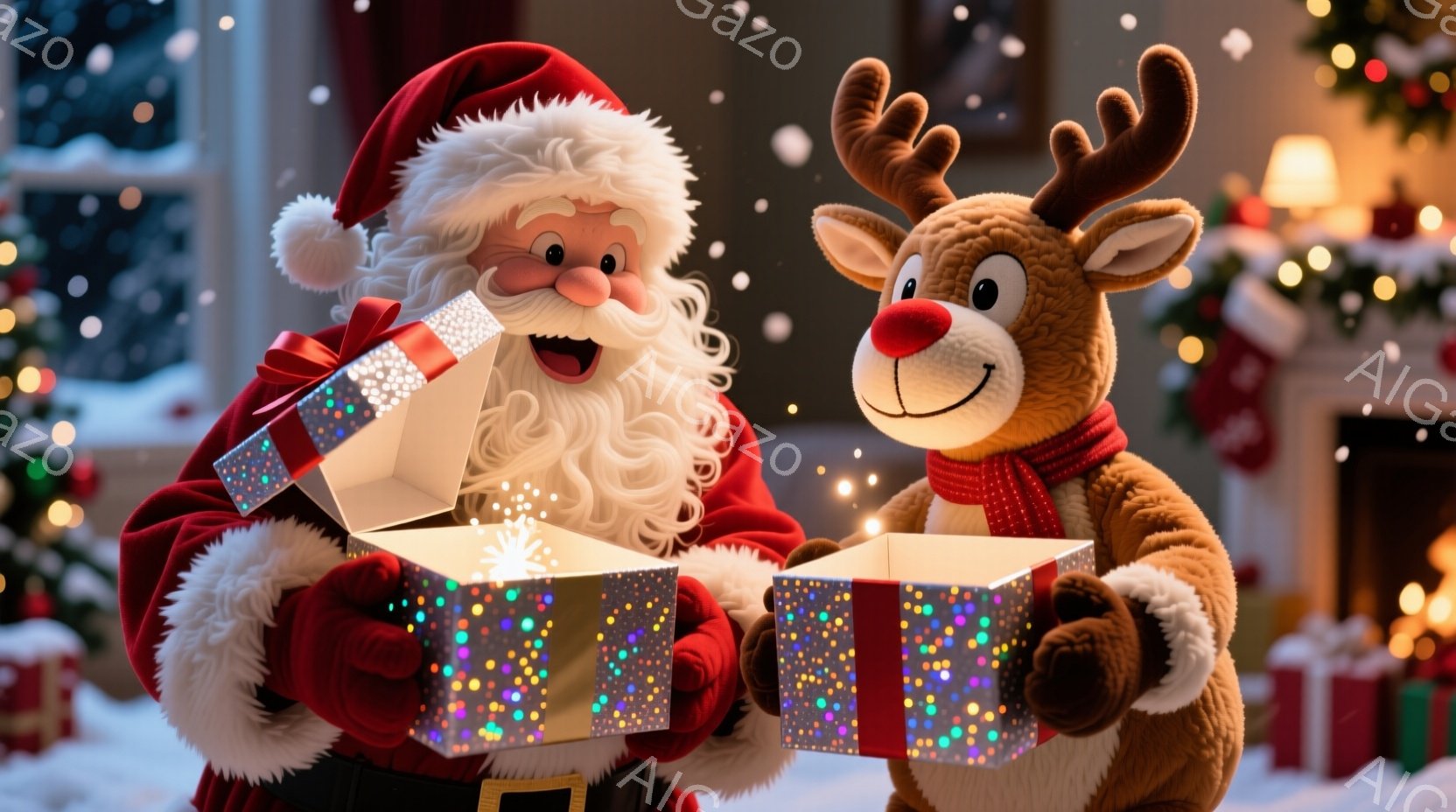 サンタクロースとトナカイの人形が、開いたギフトボックスから光が溢れる様子が描かれています。サンタは赤い衣装に白い毛皮の縁取りがあり、長い白いひげと笑顔を浮かべています。背景にはクリスマスツリーや暖炉が - AI生成フリー素材