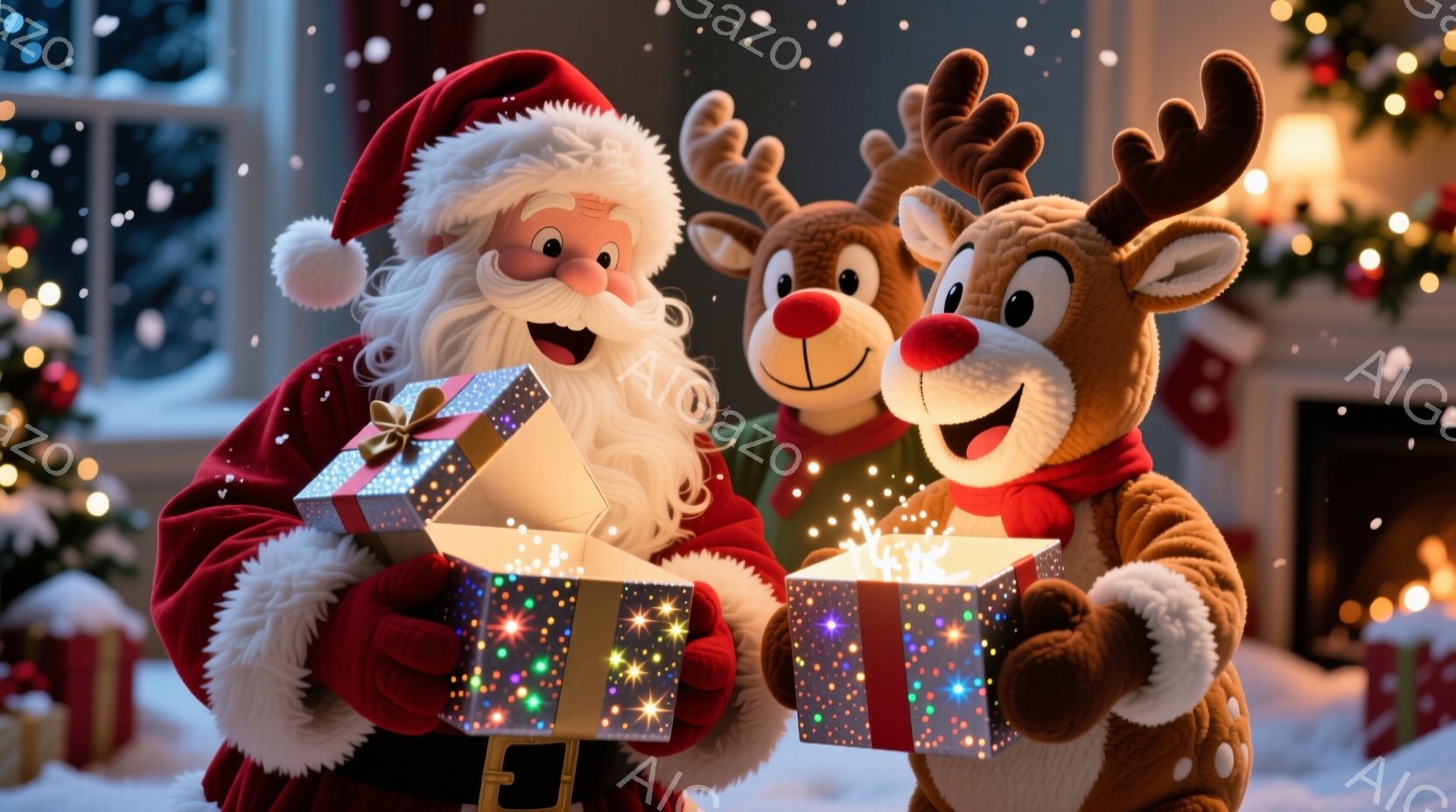 サンタクロースとトナカイの着ぐるみを着た人物が、それぞれ光り輝くプレゼントボックスを持っています。サンタクロースは赤いスーツに白い毛皮のトリミングがあり、白いひげと笑顔を見せています。背景にはクリスマ - AI生成フリー素材