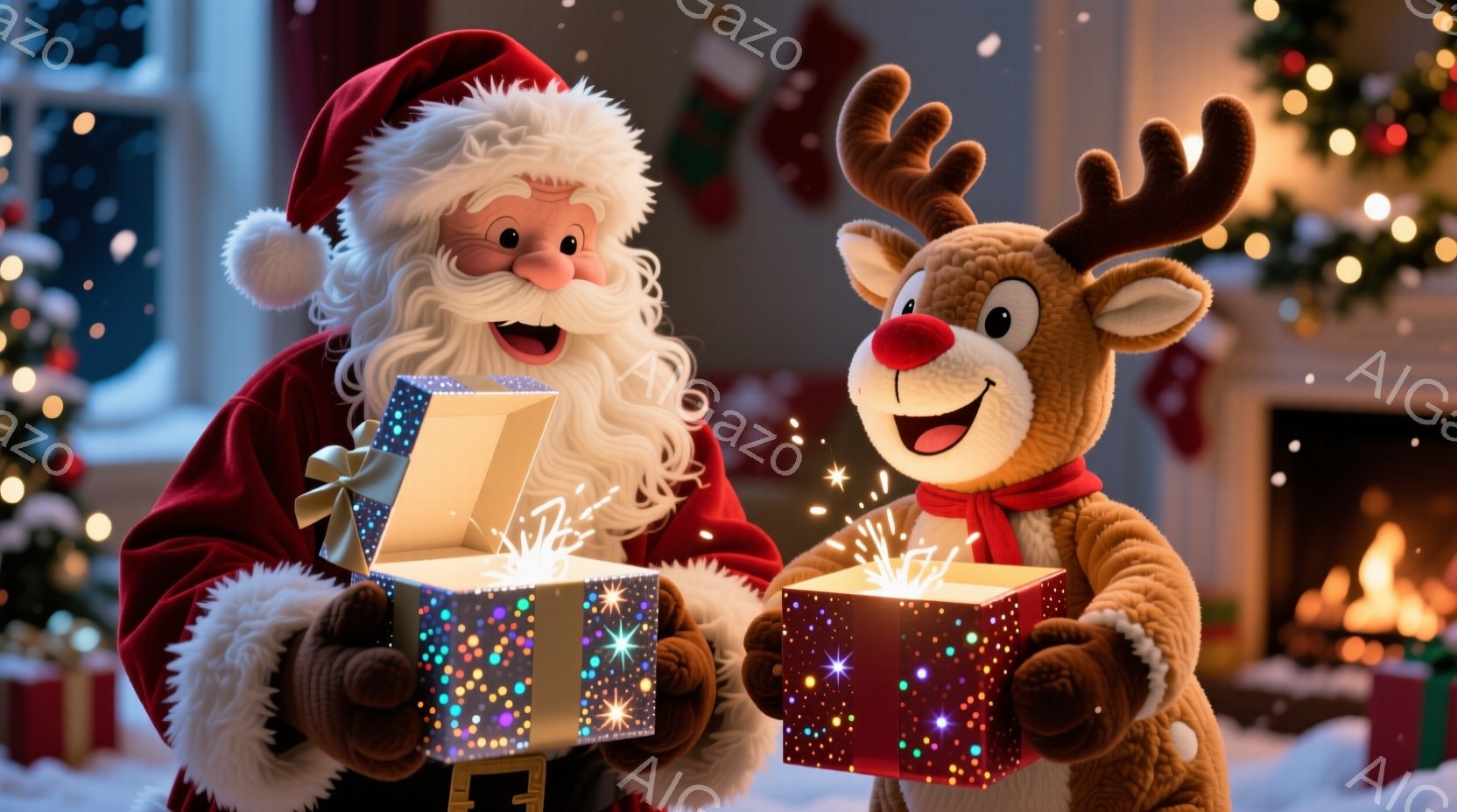 サンタクロースとトナカイのぬいぐるみは、それぞれ開いたプレゼントボックスを持っています。サンタクロースは赤い衣装と白いひげを蓄え、笑顔でプレゼントを見つめています。背景にはクリスマスツリーや暖炉があり - AI生成フリー素材