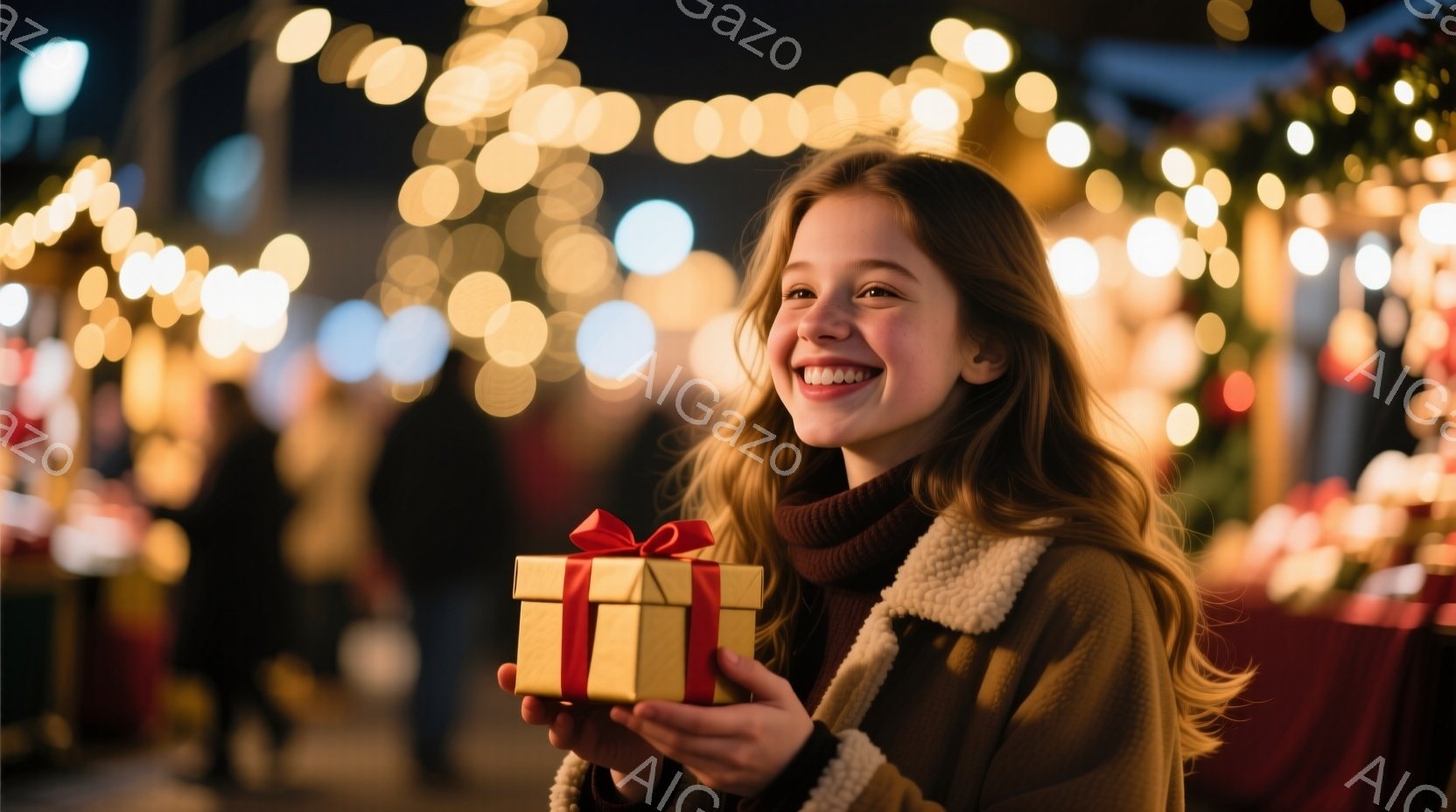 長い茶色の髪の少女が、赤いリボンが付いた金色のギフトボックスを抱えています。彼女は暖かい茶色のコートとハイネックセーターを着ており、満面の笑みを浮かべています。背景には、ぼやけた光のイルミネーションと - AI生成フリー素材