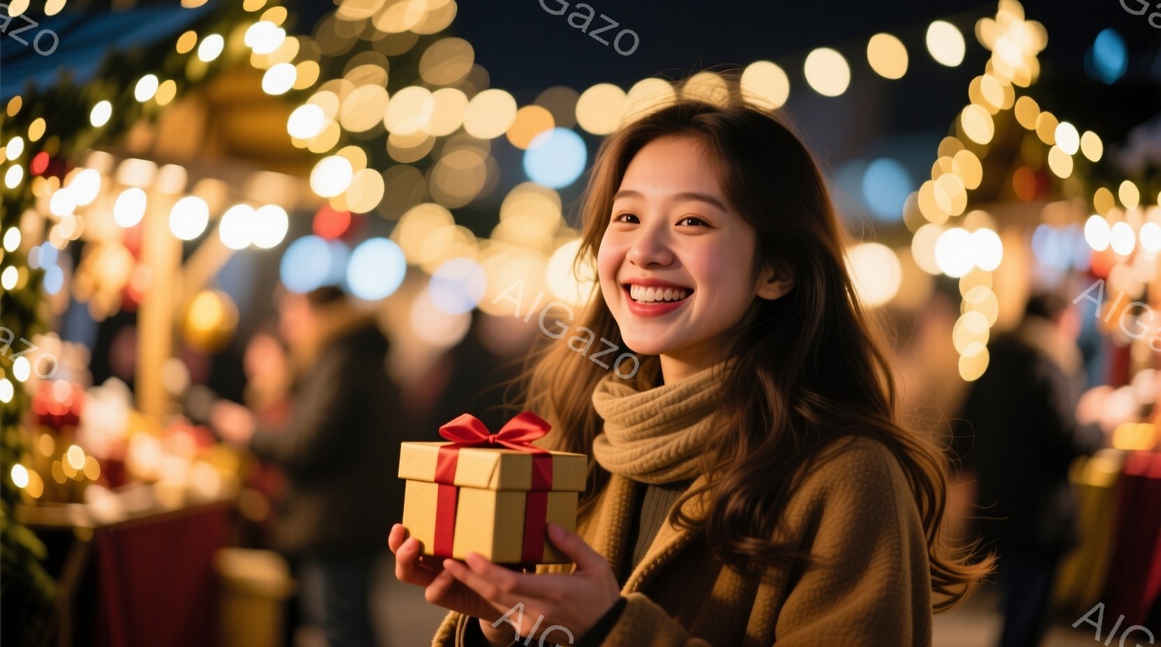 長い茶色の髪を無造作に垂らし、ベージュのセーターとスカーフを着用した若い女性が、赤いリボンで飾られた小さなギフトボックスを手に微笑んでいます。彼女は少し上を見向き、喜びと期待に満ちた表情を浮かべており、背景にはぼやけたクリスマスライトが輝いています。全体的に、暖かく、幸せな祝祭の雰囲気が漂うポートレートです。