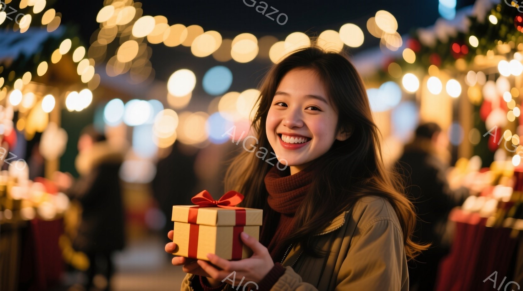 長い茶色の髪を軽くウェーブさせた女性が、赤いリボンで飾られた小さなギフトボックスを両手で抱えています。明るいベージュ色のジャケットとオレンジ色のネックウォーマーを着用し、満面の笑顔でカメラを見つめています。背景には、ぼやけたクリスマスツリーとイルミネーションが輝き、暖かく華やかな冬の夜の雰囲気が漂っています。