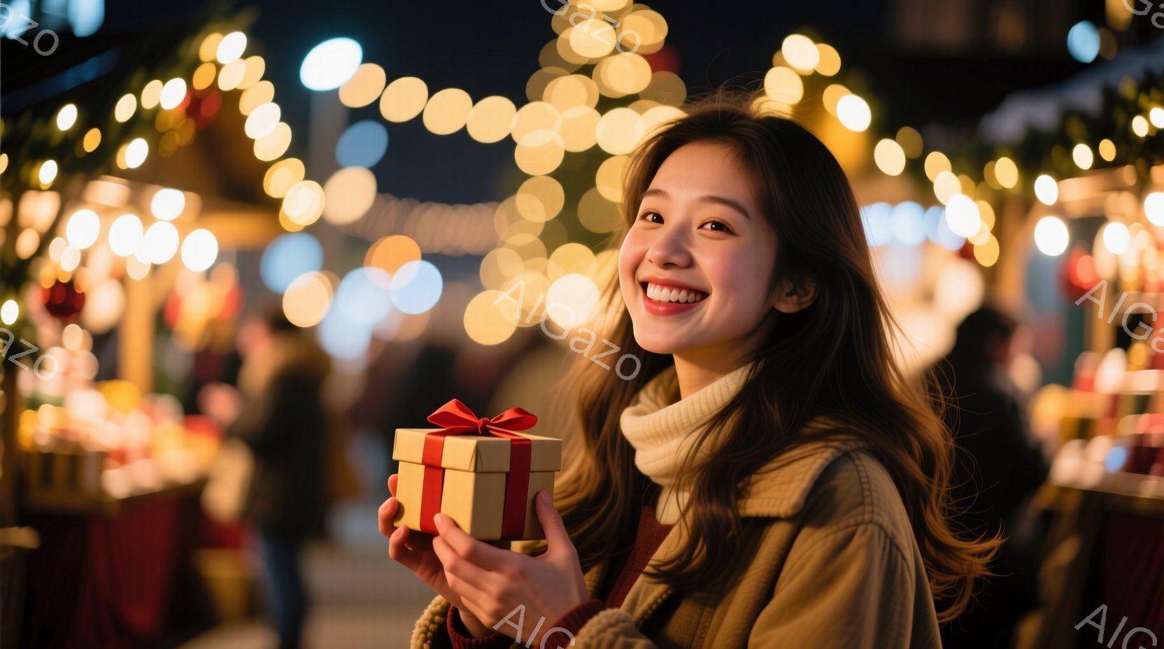 長い茶髪を肩にかけた若い女性が、赤いリボンで結ばれた小さなプレゼントボックスを手に持っています。彼女はベージュ色のセーターとカーキ色のジャケットを着ており、満面の笑みを浮かべて遠くを見つめています。背景には、ぼやけた光で飾られた賑やかな市場の風景が広がり、クリスマスの温かく華やかな雰囲気を醸し出しています。
