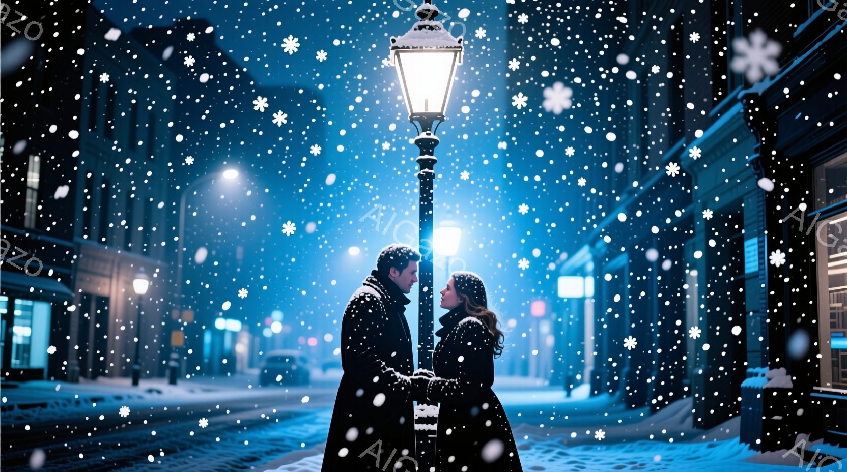 雪が降り積もる夜の街で、一対の男女が寄り添っている。男性は黒いコートを着て、女性は赤いスカーフを巻き、互いに顔を見つめ合っている。背景には、ガス灯に照らされた石畳の道と古い建物がぼやけ、ロマンチックで - AI生成フリー素材