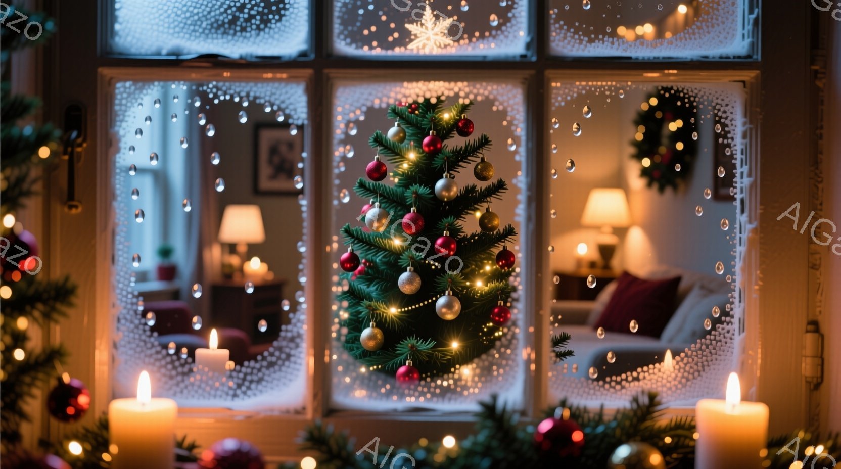 窓の外は雪が降り積もり、温かい光が差し込むリビングルームが映っています。クリスマスツリーが中央に飾られ、キャンドルの灯りが優しく輝き、穏やかで温かいクリスマスの雰囲気が漂っています。窓枠には雪の結晶の - AI生成フリー素材