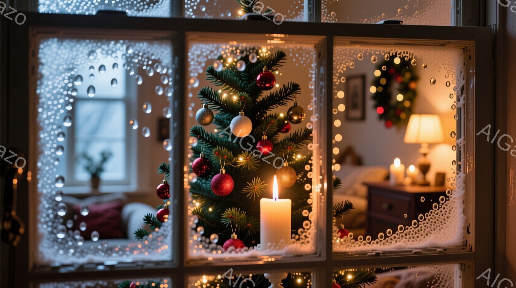 窓枠に飾られた小さなクリスマスツリーが暖かく光り、赤いオーナメントや金色の星が輝いている。背景には、ぼんやりと見える室内が捉えられ、柔らかい光が灯り、クリスマスの飾り付けがされているのが見える。全体的に、穏やかで居心地の良い冬の夜の雰囲気が漂っている。