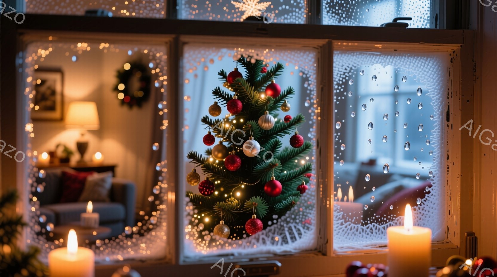 暖炉のそばに飾られた小さなクリスマスツリーが、窓の外の雪景色を背景に暖かく光っている。キャンドルが2本、ツリーの左右に置かれ、室内の温かい雰囲気を強調している。窓には雪が降り積もり、クリスマスの夜の静 - AI生成フリー素材