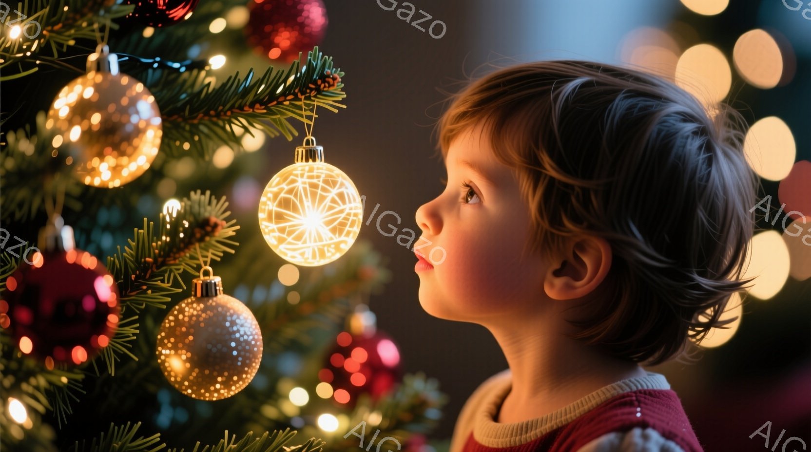 少女はクリスマスツリーの前に立ち、輝くオーナメントを見上げています。彼女は赤いセーターを着ており、茶色の巻き毛が肩にかかっています。背景にはぼやけたクリスマスツリーの飾りと光が広がり、温かく幻想的な雰囲気が漂っています。