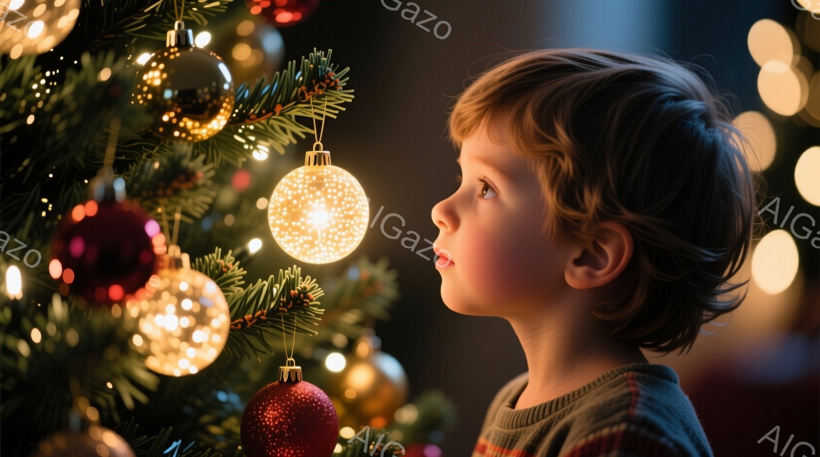 クリスマスツリーの近くにいる幼い少年が写っている。彼はチェック柄のセーターを着ており、巻き毛の髪型で、どこかを見つめるような表情をしている。背景にはぼやけたクリスマスツリーの飾りと光が溢れており、温かく幻想的な雰囲気を醸し出している。