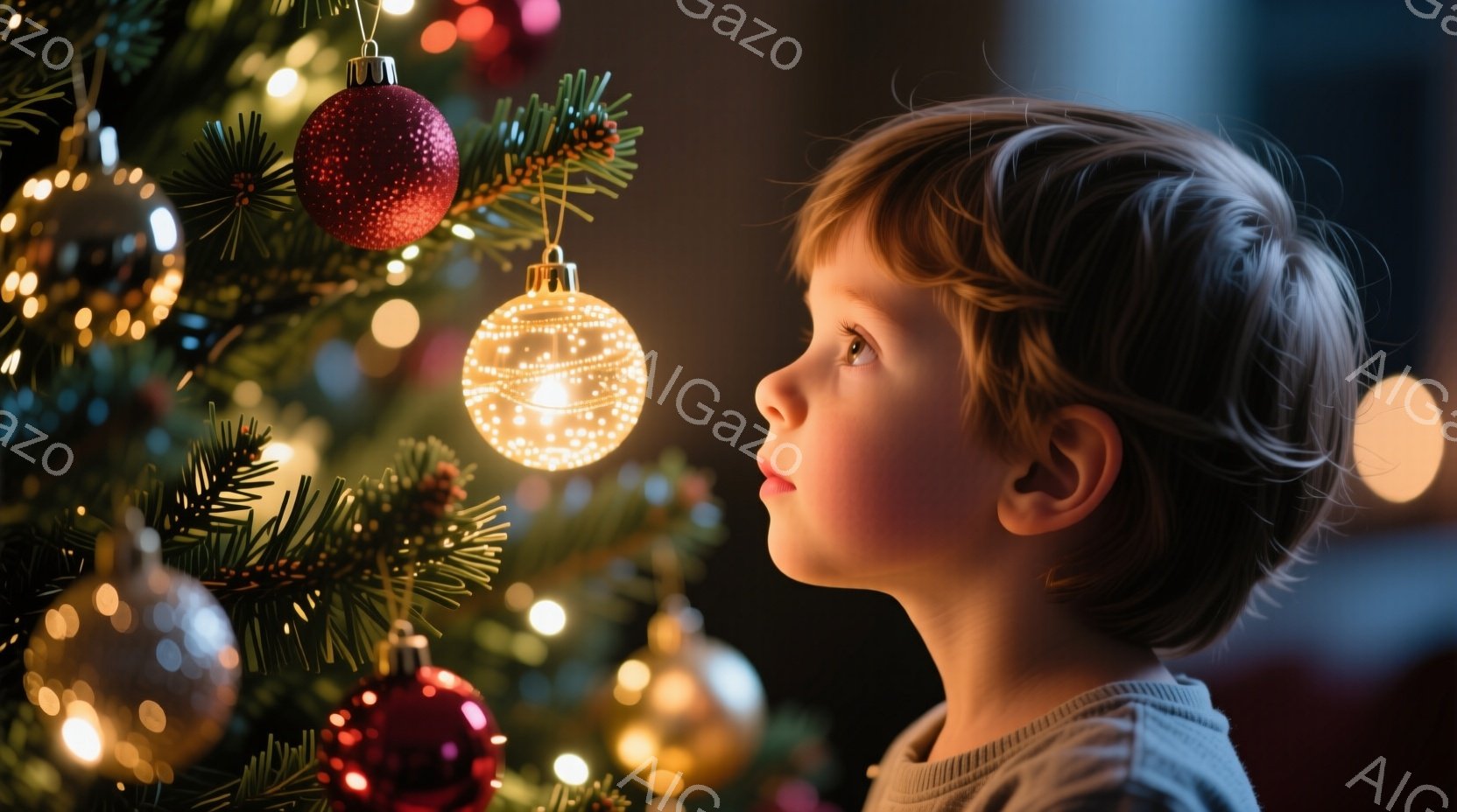 少年はクリスマスツリーのオーナメントを見つめています。彼は灰色のセーターを着ており、明るい茶色の巻き毛が特徴的です。背景にはぼやけたクリスマスツリーの飾りと光があり、暖かく幻想的な雰囲気が漂っています - AI生成フリー素材