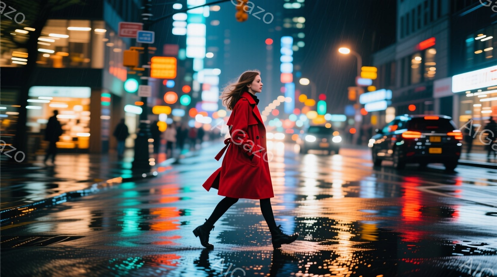 赤いコートを着た女性が、雨上がりの都会の通りを歩いている。彼女は髪を後ろに流し、足元には黒いブーツを履いている。背景には、ネオンライトが輝く高層ビルや、雨に濡れた路面が映り込み、都会の夜の活気と少しの寂しさを感じさせる。