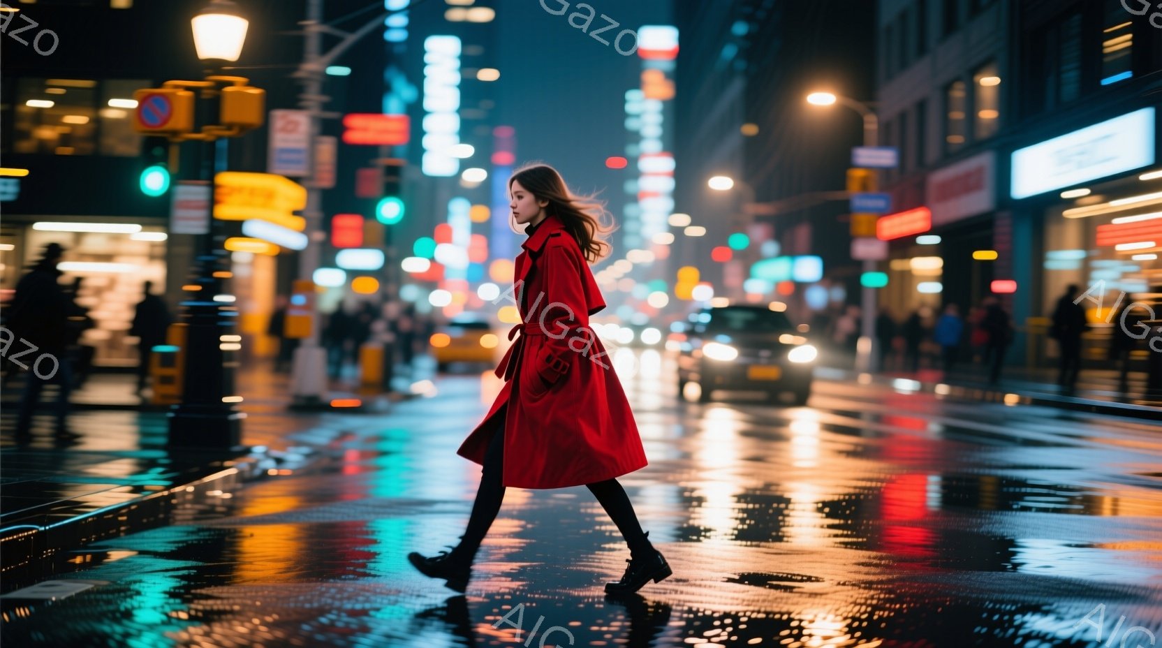 鮮やかな赤いコートを着た女性が、雨上がりの都会の通りを歩いている。彼女は少し前かがみになり、黒いブーツを履いて足早に歩いている様子が伺える。背景には、夜の街並みがぼやけ、ネオンサインや車のライトが濡れ - AI生成フリー素材