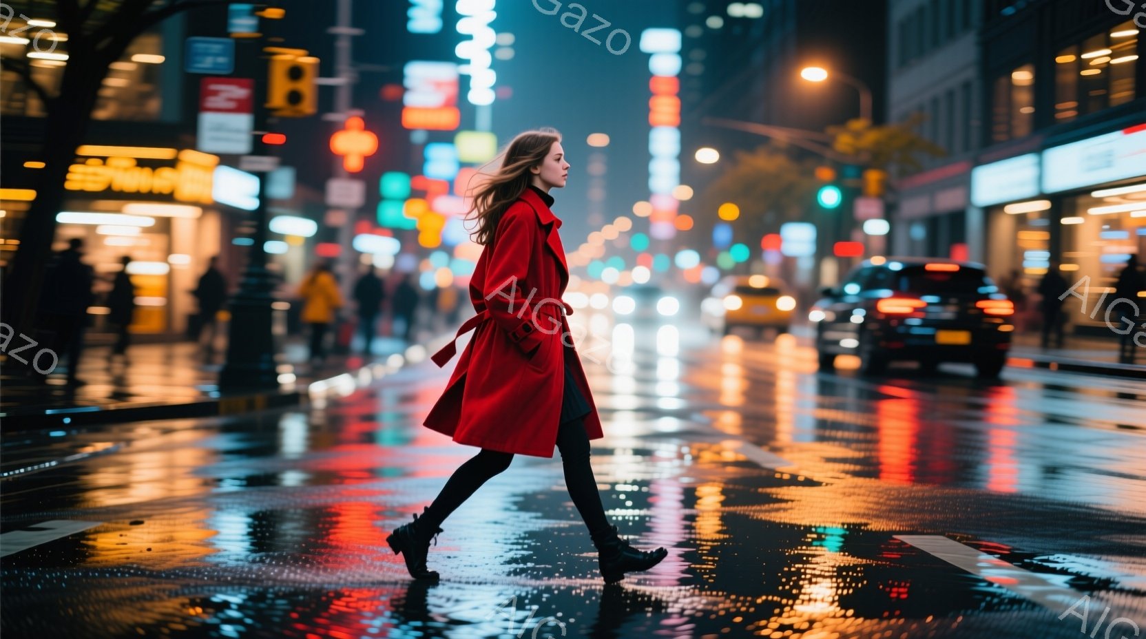 赤いロングコートを着た女性が、雨上がりの街路を歩いている。彼女は黒いタイツとブーツを履き、髪は風になびいている。背景には、夜の街並みがぼやけ、車のライトやネオンサインが水面に反射し、幻想的な雰囲気を醸し出している。