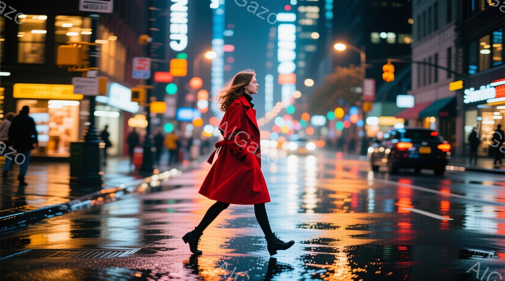 赤いコートを着た女性が、雨上がりの都会の道路を歩いている。彼女はロングヘアで、少し横を向いており、表情ははっきりと見えないが、軽快な足取りで歩いている様子から、リラックスした雰囲気を感じさせる。背景には高層ビル群が広がり、雨の光を反射するアスファルトの道路が、都会の夜の活気を演出している。