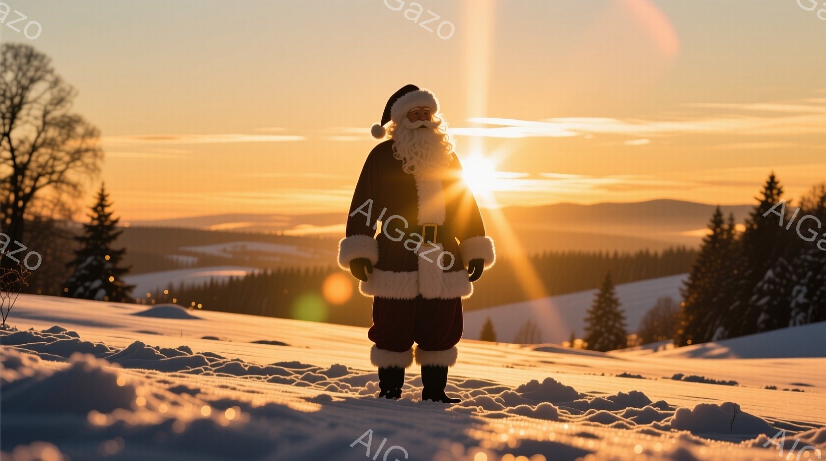 雪景色の中にサンタクロースが立っている。彼は伝統的な赤いスーツに白い毛皮のトリム、黒いブーツ、そして白いひげと帽子を身につけており、温かく、親しみやすい表情をしている。背景には雪に覆われた丘陵地帯の風 - AI生成フリー素材