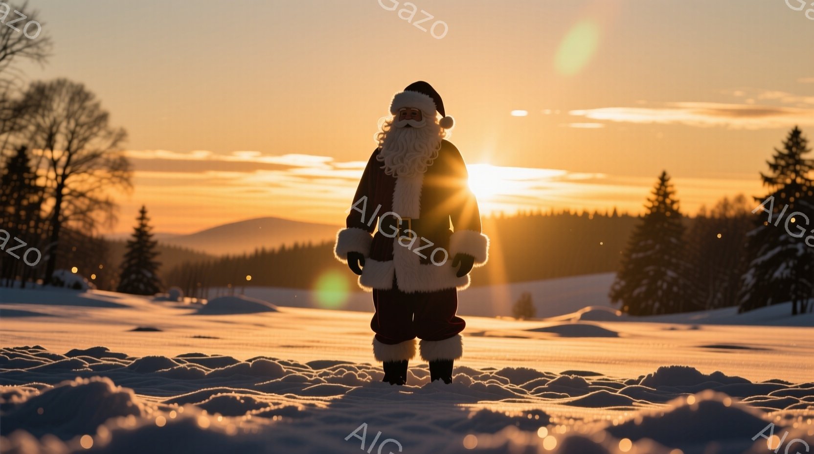 白いひげを蓄えたサンタクロースが、赤い衣装と白い毛皮の縁取りを身につけて雪原に立っている。彼は正面を向き、温かい笑顔を見せ、冬の太陽の光を浴びている。背景には雪に覆われた木々と、遠くに見える山々が広がり、穏やかで幻想的な冬の風景を作り出している。