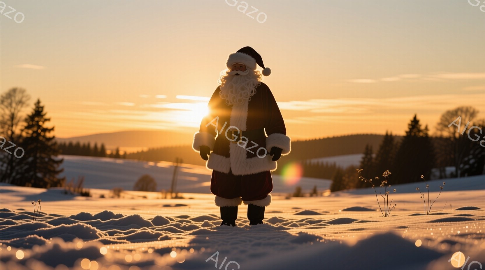雪景色の中に、サンタクロースが立っている。赤い衣装に白い縁取りがあり、頭にはサンタ帽を被り、長い白い髭を蓄えている。背景には雪を頂いた丘と木々が広がり、夕焼けのような暖かい光が全体を照らしている。 - AI生成フリー素材