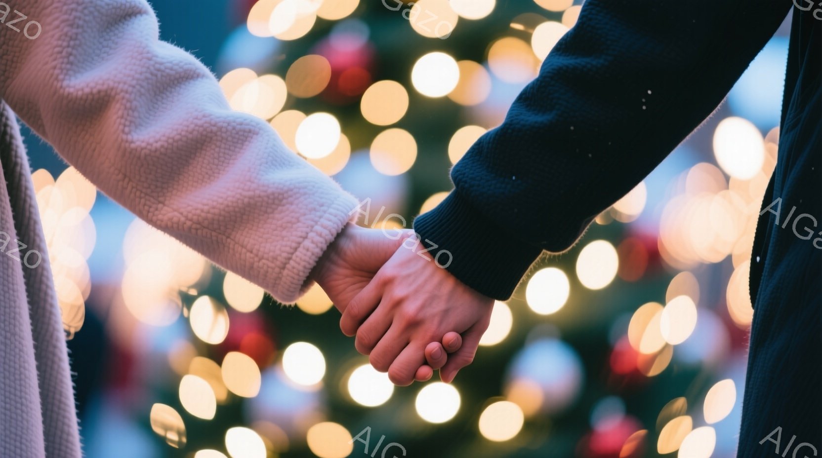 暖かく見えるピンク色の毛皮のようなジャケットを着た人と、黒いセーターを着た人の手が繋がれている様子が写っている。背景には、ぼやけたクリスマスツリーのライトが煌めき、温かくロマンチックな雰囲気を醸し出している。手をつないでいる姿から、二人の親密な関係や愛情を感じることができる。
