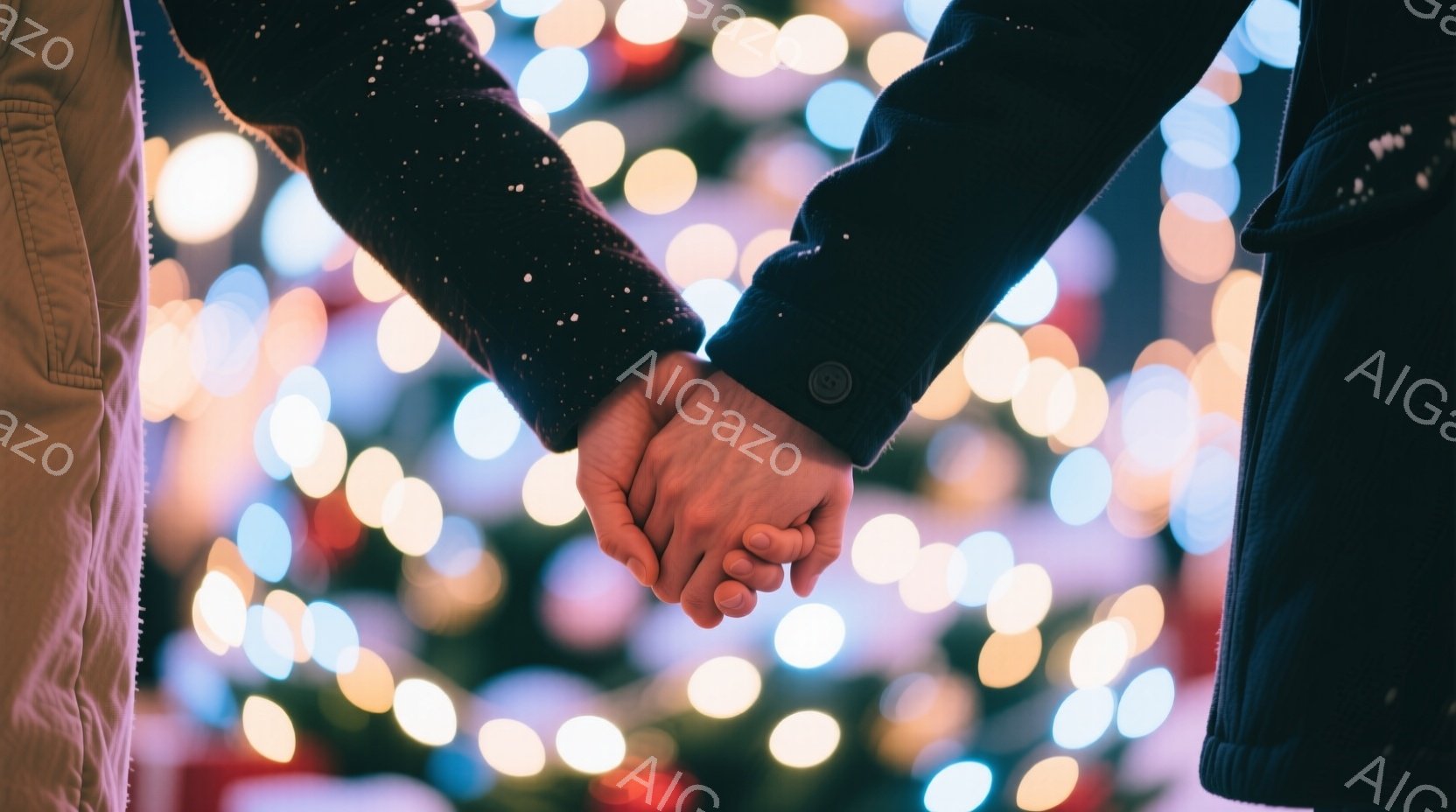 暖色系のぼやけた背景を背景に、二人の人物が手をつないでいます。片方の人物はベージュ色のジャケット、もう片方の人物は黒いジャケットを着ており、手をつないだ姿が強調されています。背景は多くの丸い光で構成さ - AI生成フリー素材