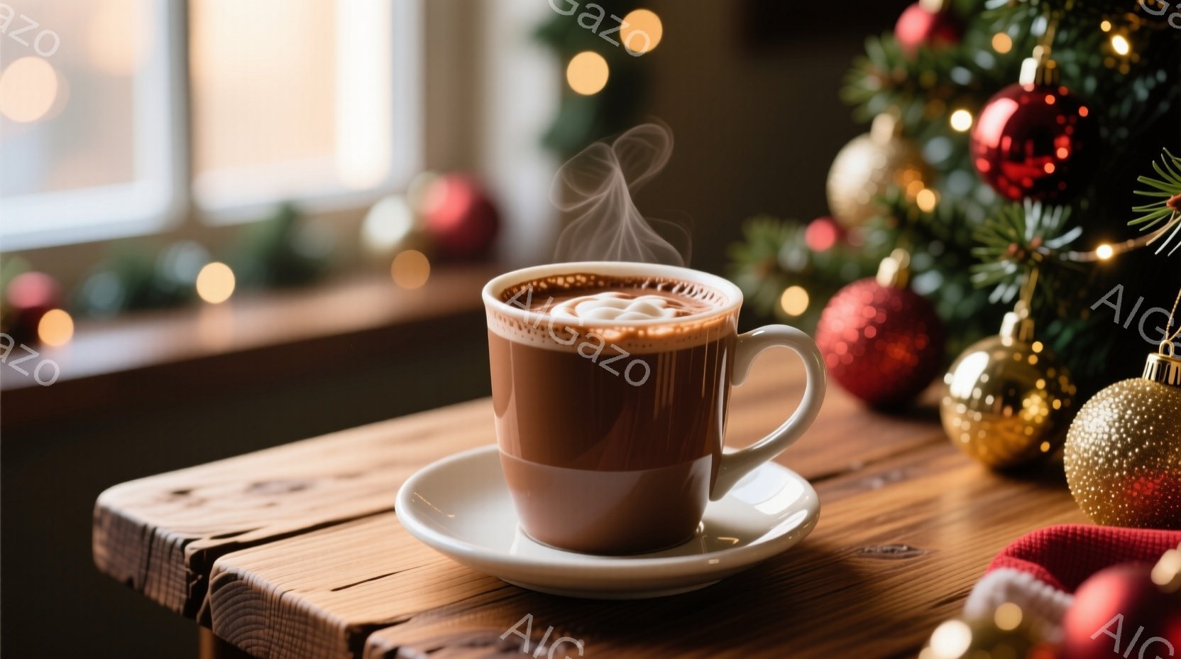 温かい飲み物が、白いソーサーに乗ったカップに入って湯気を立てています。背景には、クリスマスツリーの飾りとぼやけた光が散りばめられ、木製のテーブルの上に暖かく穏やかな雰囲気が漂っています。全体的に、冬の暖炉のそばでリラックスできる心地よい光景です。
