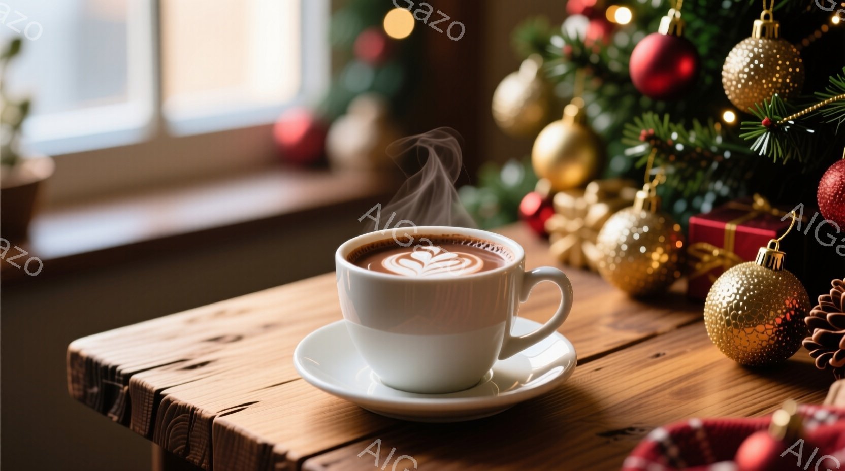 白いカップに入った温かい飲み物、おそらくラテが、木製のテーブルの上に置かれている。背景には、金色のオーナメントと赤い実が飾られたクリスマスツリーがぼんやりと見え、クリスマスの温かく心地よい雰囲気を醸し出している。全体的に落ち着いた色調で、ほっと一息つけるような穏やかなシーンが表現されている。