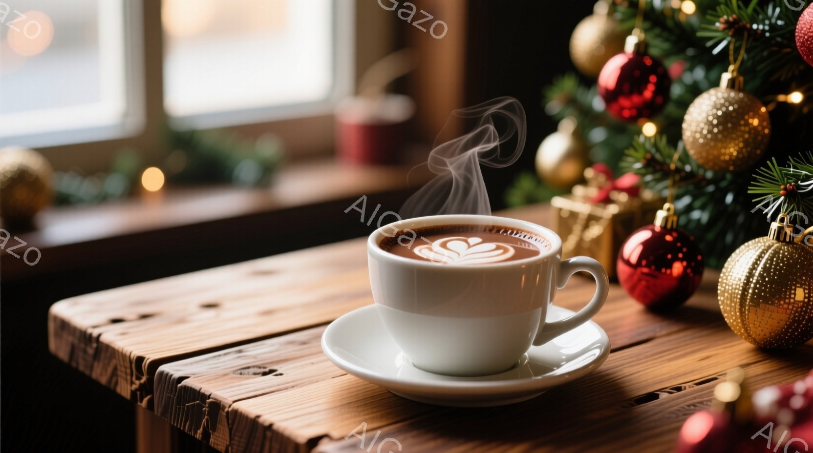 白いカップとソーサーにラテアートが施された温かい飲み物が、粗い木製のテーブルの上に置かれています。背景には、装飾されたクリスマスツリーとキラキラと光るオーナメントが見え、暖かく心地よいクリスマスの雰囲気を醸し出しています。自然光が差し込み、温かい色合いが全体に広がり、リラックスした冬のひとときを感じさせます。