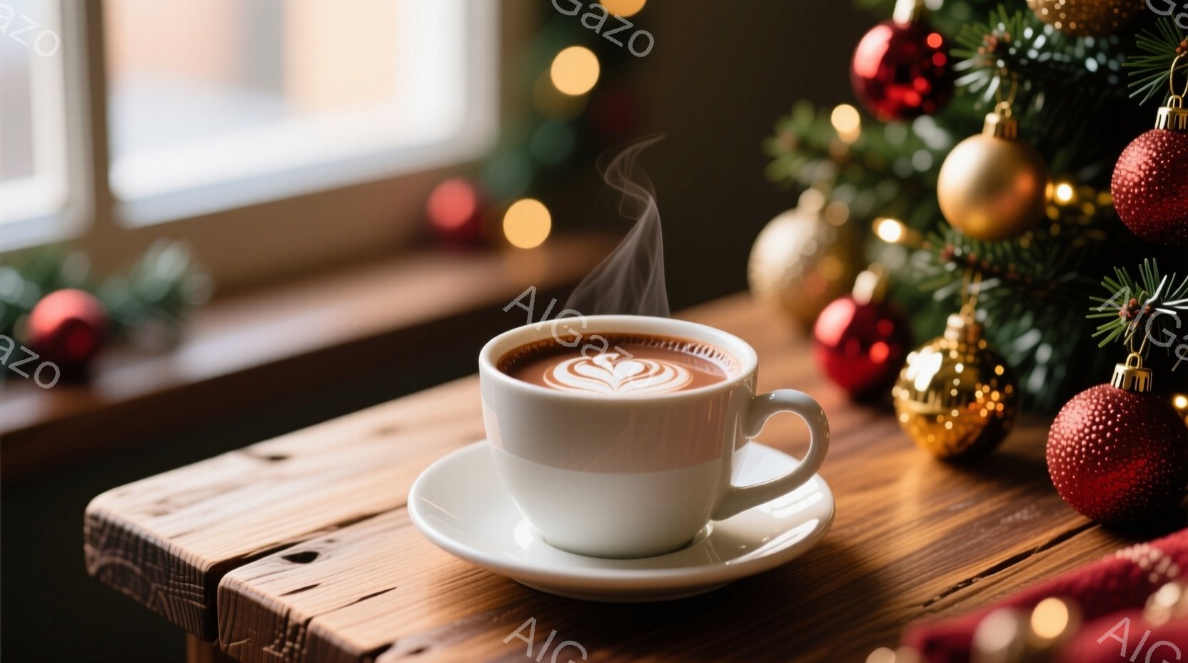 白いカップに入った温かいコーヒーが、木製のテーブルの上に置かれています。背景には、クリスマスツリーの飾りとぼんやりとした光が見え、暖かく穏やかな冬の雰囲気が漂っています。コーヒーからは湯気が立ち上り、リラックスしたひとときを誘うような様子です。