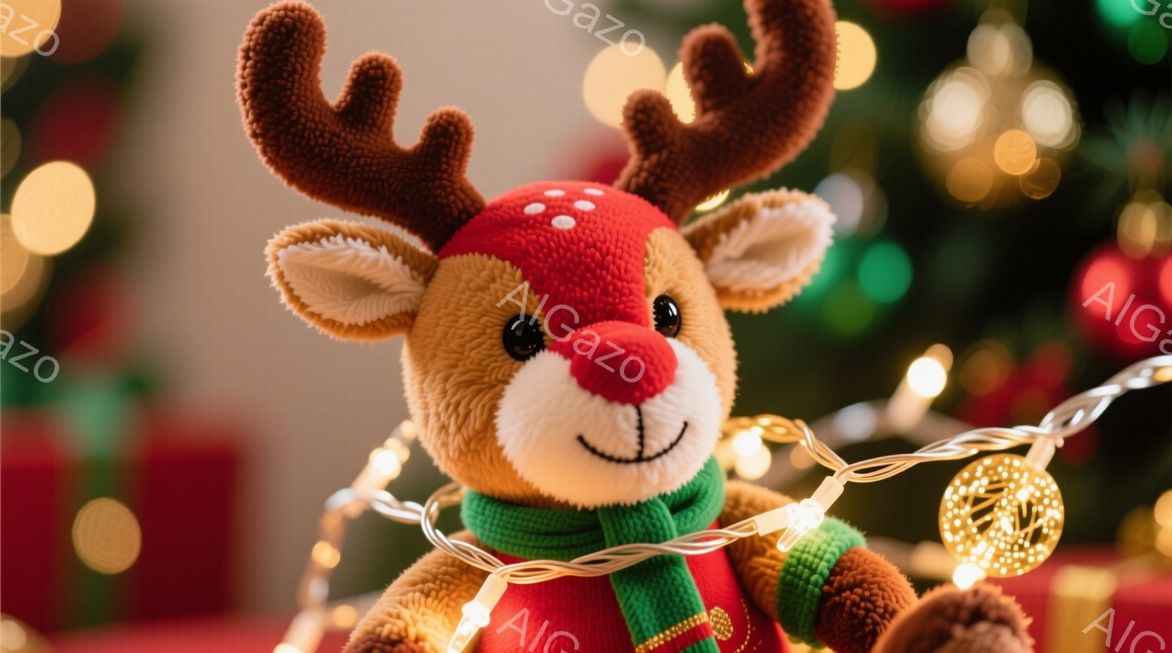 柔らかい茶色の毛並みを持つトナカイのぬいぐるみは、赤いセーターと緑と白のストライプのスカーフを身に着けています。大きな瞳と赤い鼻、そして優しい笑顔が特徴的で、クリスマスの飾り付けである電飾に囲まれてい - AI生成フリー素材