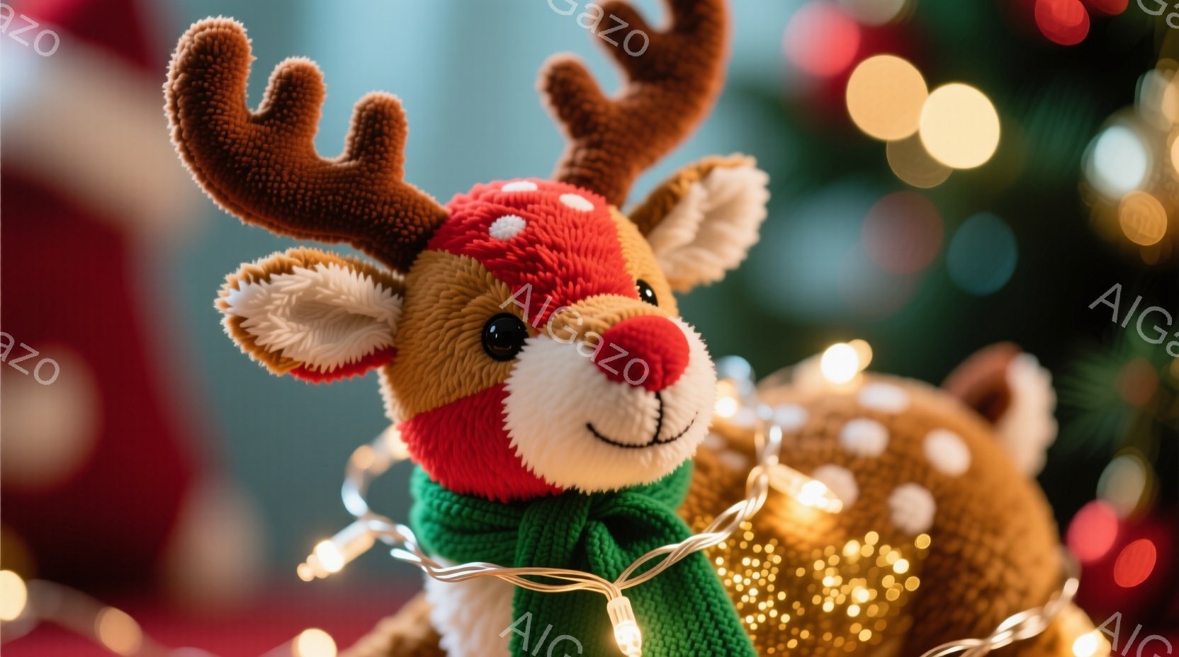 ふわふわの茶色のトナカイのぬいぐるみは、赤い首輪と緑のニットのショールを身に着けており、かわいらしい表情をしています。背景にはぼやけたクリスマスツリーと、暖かく輝くイルミネーションが散りばめられていま - AI生成フリー素材