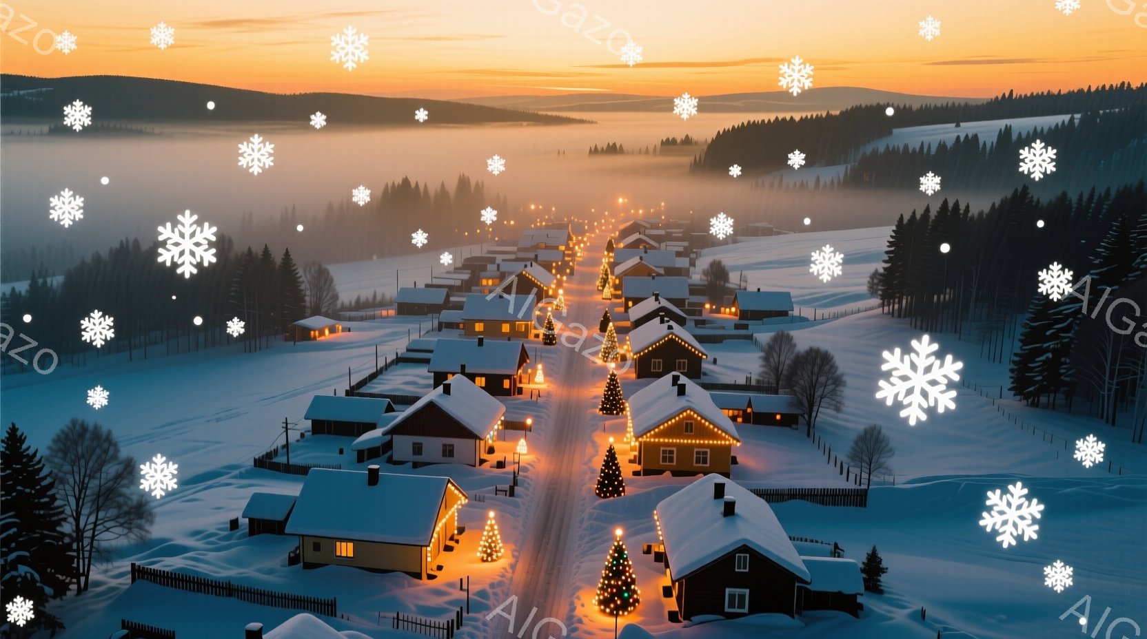 雪に覆われた静かな村が、夕焼けの光に照らされています。各家の屋根には雪が積もり、窓からは温かい光が漏れており、クリスマスの飾り付けが施された木々が点在しています。背景には雪に覆われた丘と木々が広がり、 - AI生成フリー素材