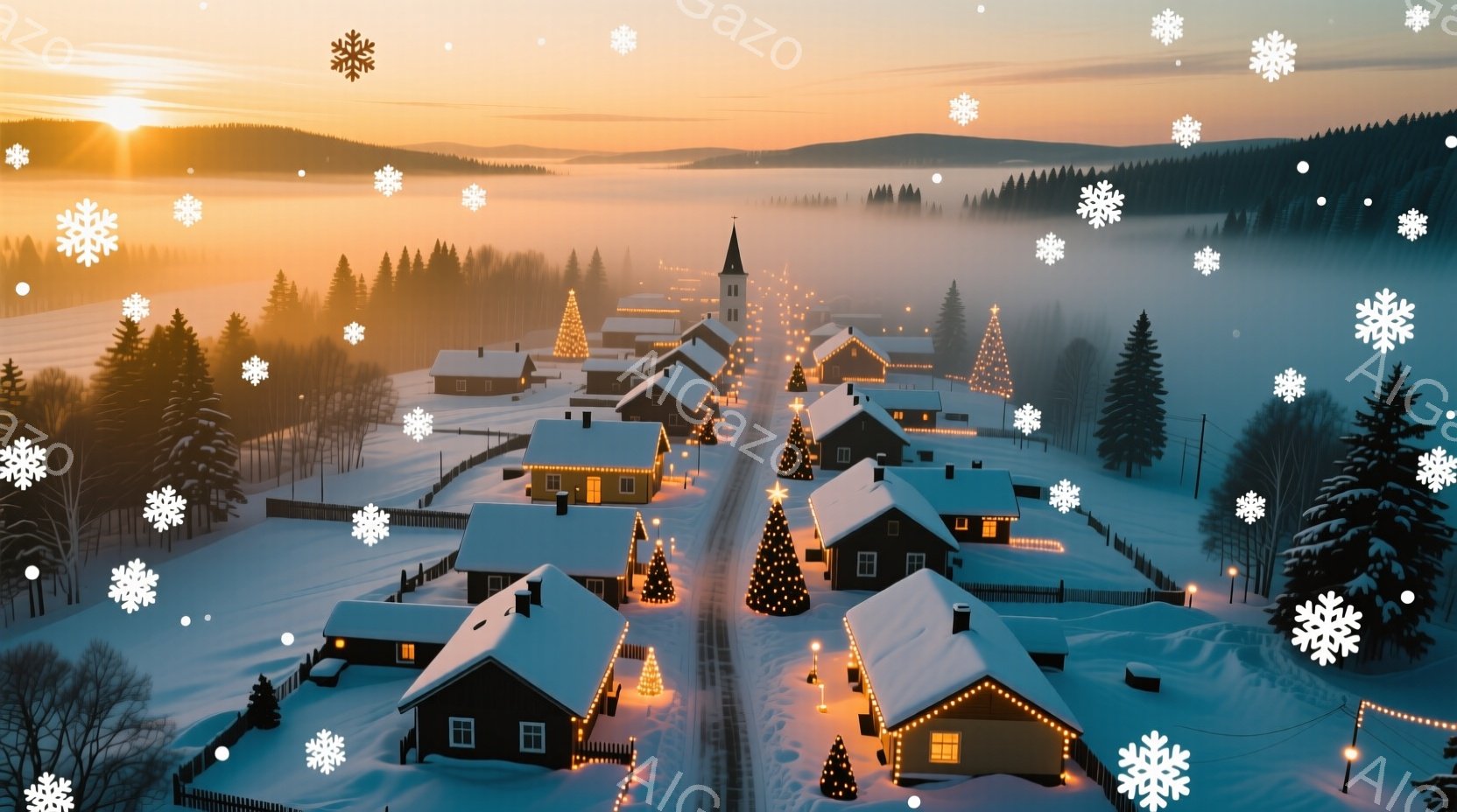 雪に覆われた村が、夕焼けの光に照らされています。黒い木造家屋が整然と並び、それぞれ屋根に雪が積もり、窓からは温かい光が漏れています。背景には針葉樹林が広がり、遠くには霞んだ山々が見え、静かで穏やかな冬 - AI生成フリー素材